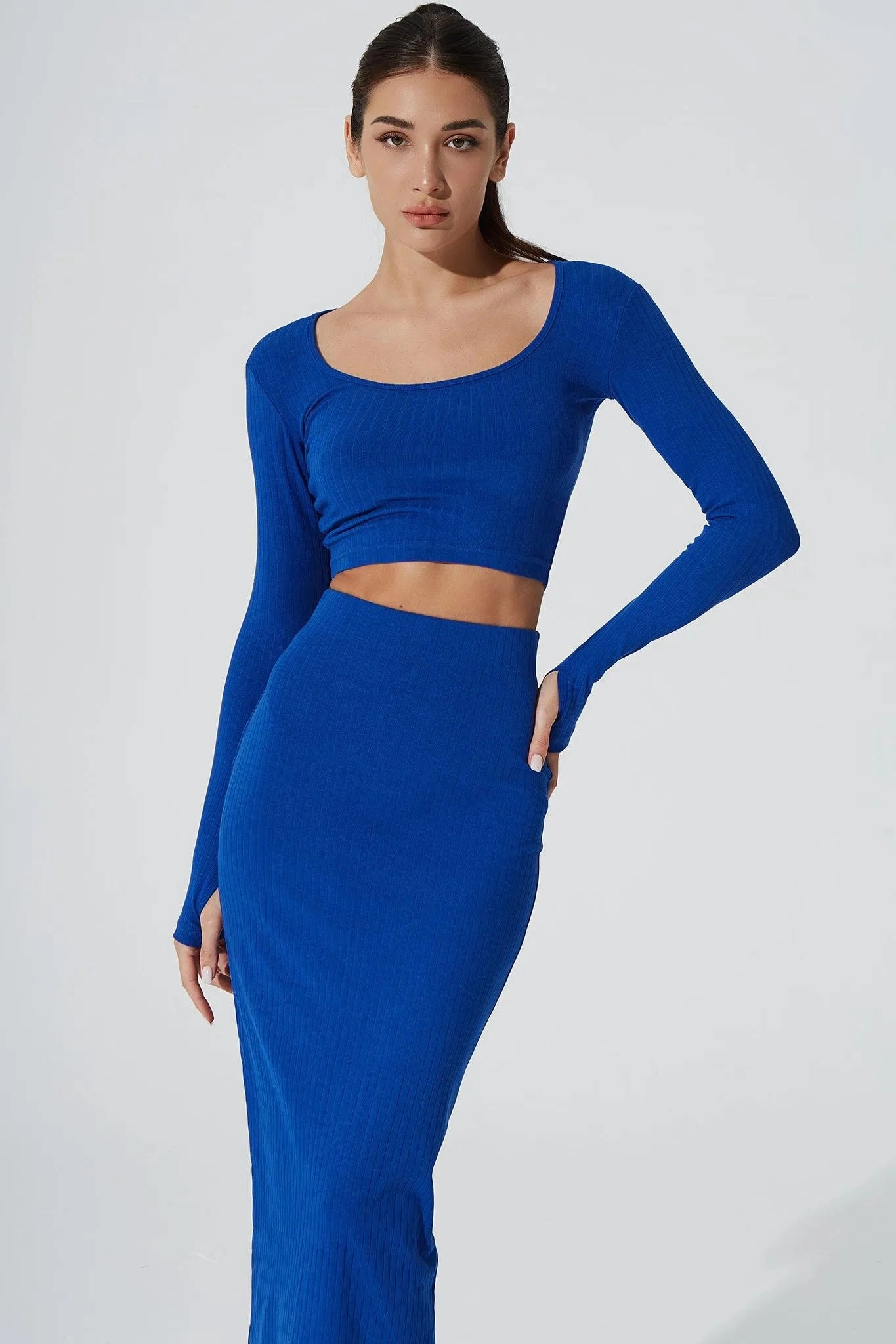 Classic Smart Zeya Knitted Long Sleeve Crop Top - Egyptian Blue