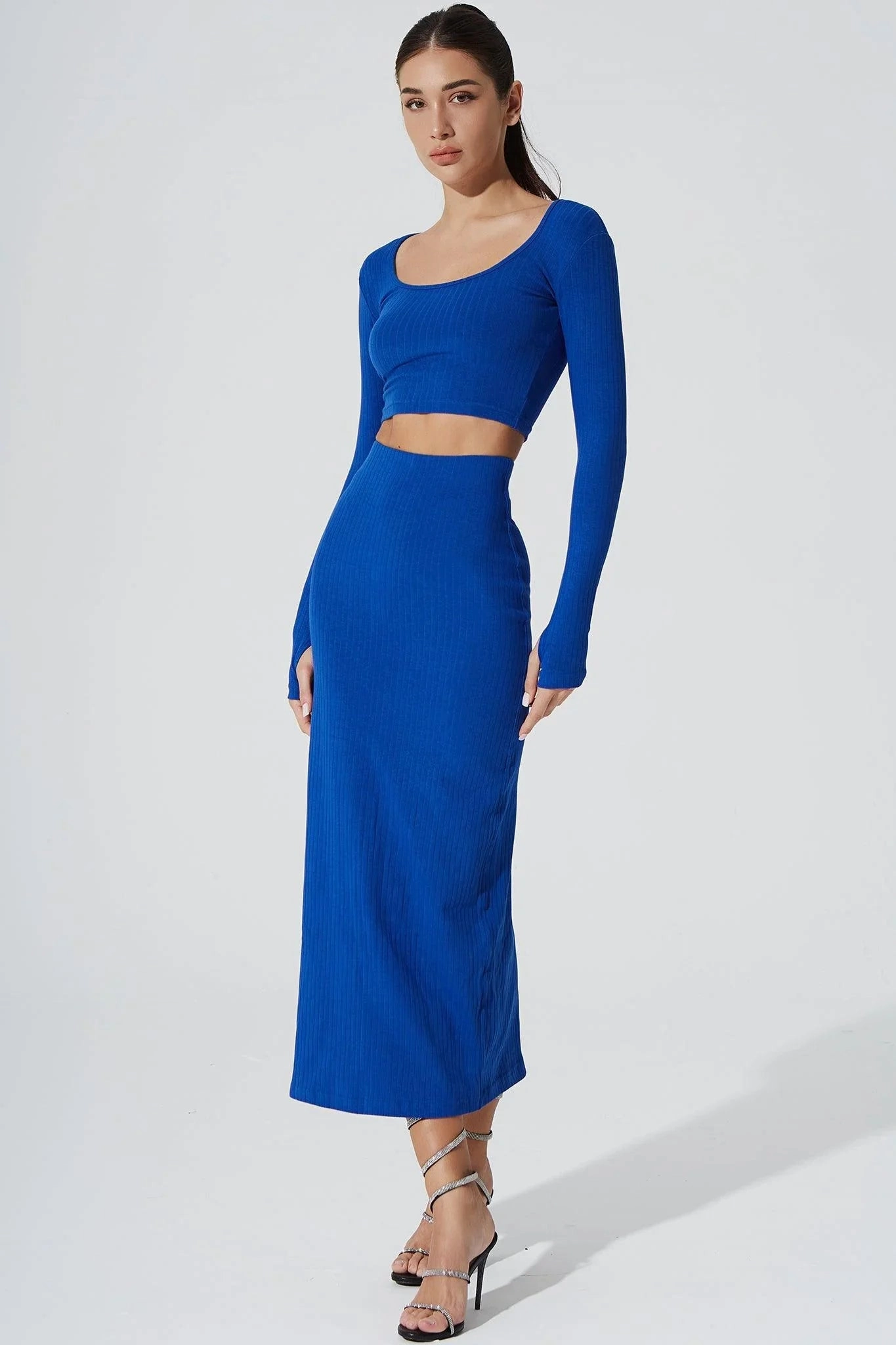 Zeya Knitted Long Sleeve Crop Top - Egyptian Blue Men's masculinity Sleek Layers