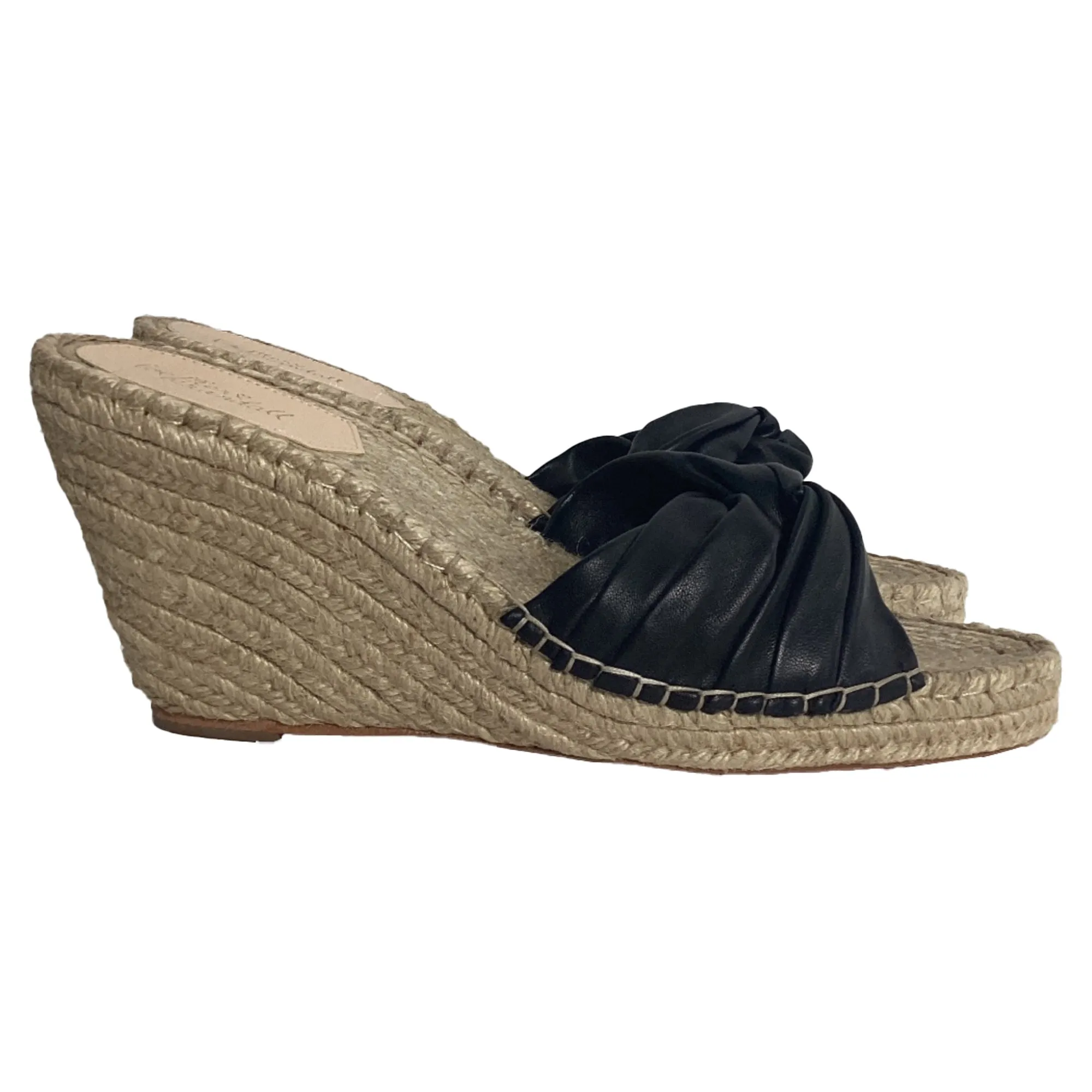 Loeffler Randall Wedge Espadrille Sandals in Black Leather Lightweight EVA Weatherproof Coating