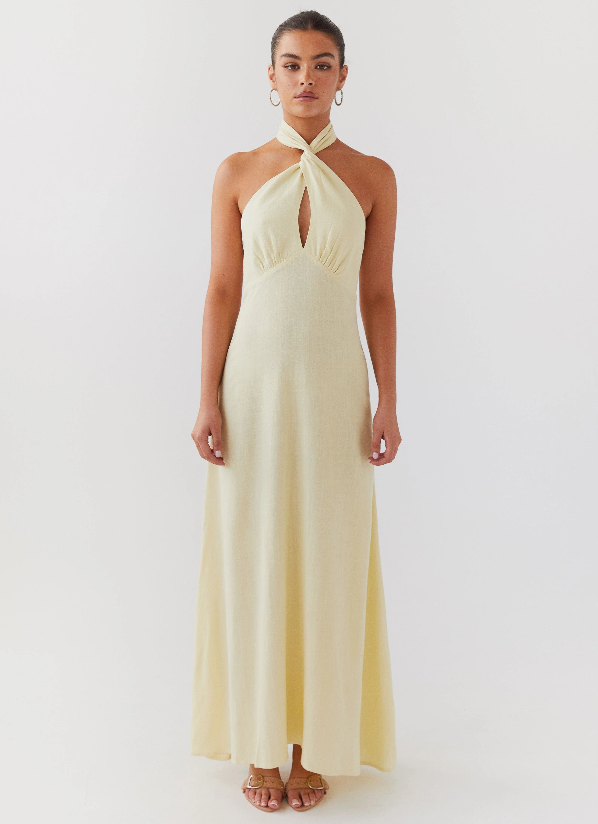 Layered Fabric Elegant Flow Adrienne Linen Maxi Dress - Lemon