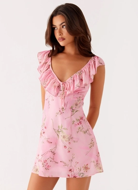 Adrina Ruffle Mini Dress - Pink Floral Print All Time Fit City Rhythm