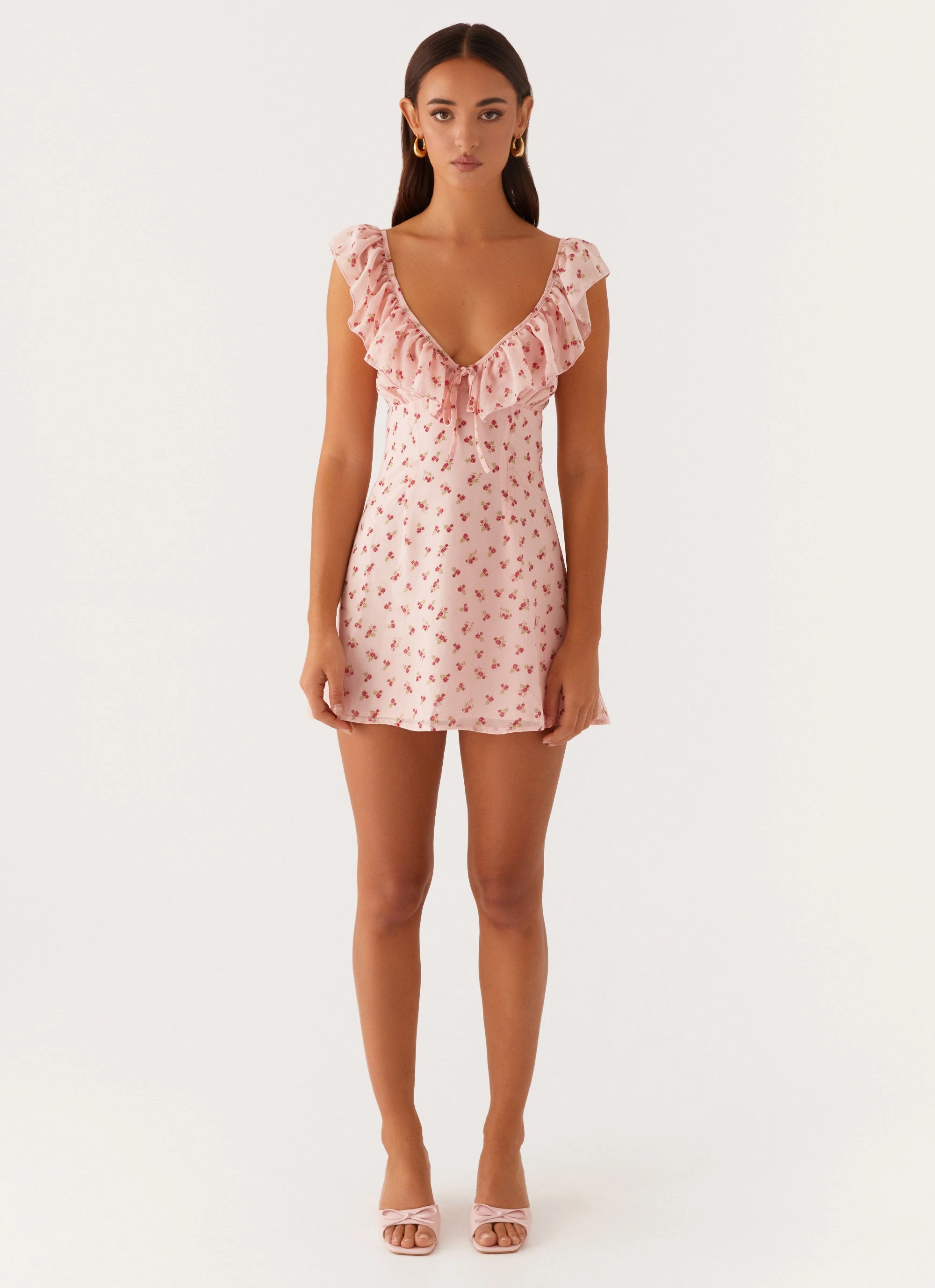 Adrina Ruffle Mini Dress - Pink Flower Eco-Lining