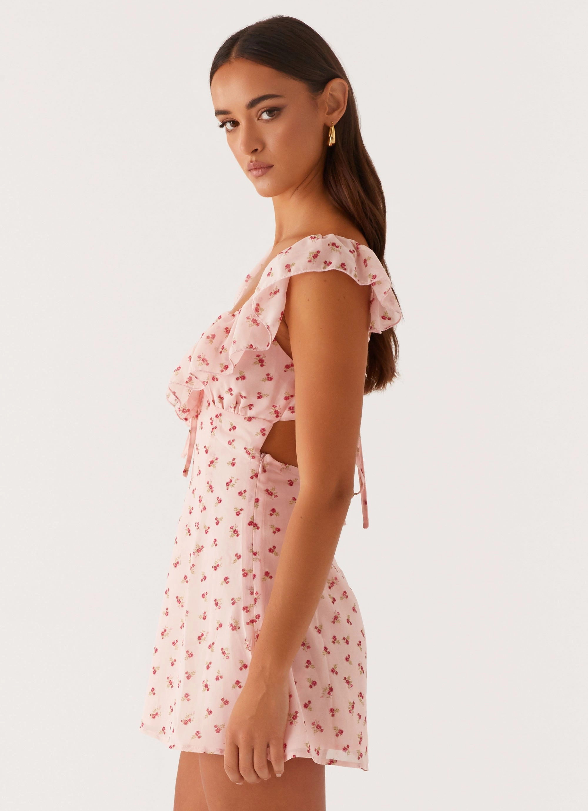 Adrina Ruffle Mini Dress - Pink Flower Wide Hemline New Spirit