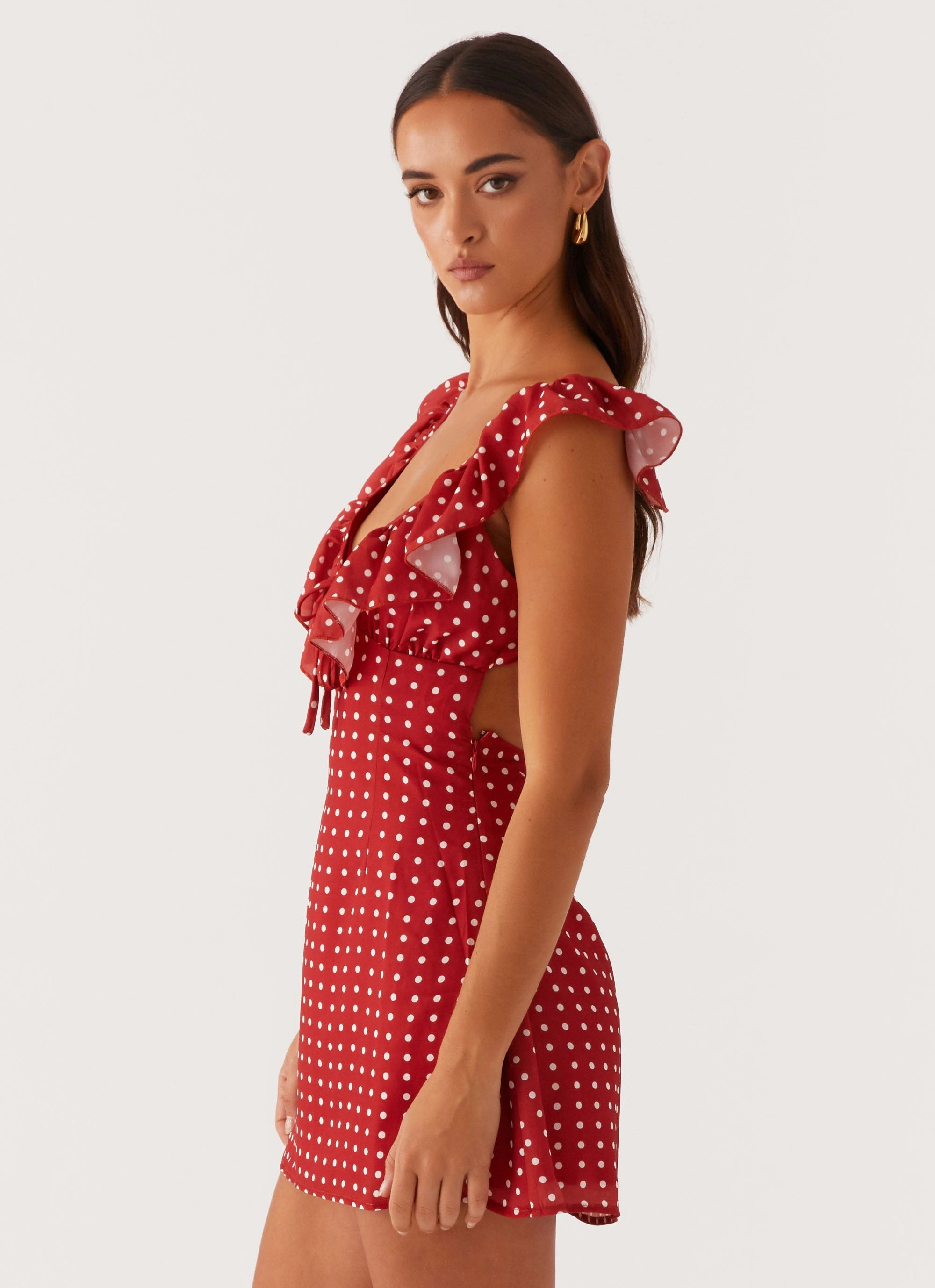 Evening Classic Comfort Waist Fit Adrina Ruffle Mini Dress - Red Polka Dot