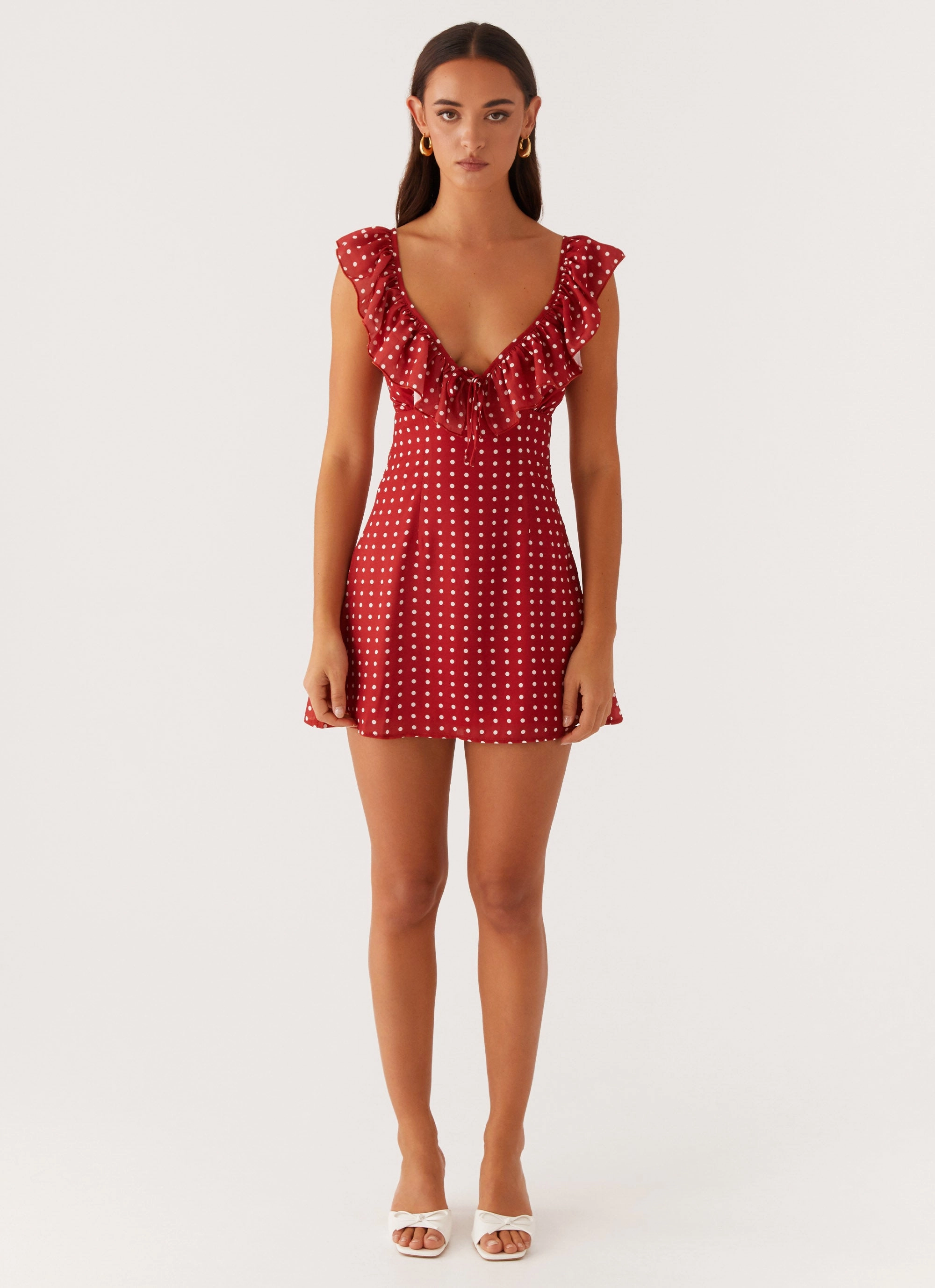 Adrina Ruffle Mini Dress - Red Polka Dot Clean Touch Ceremony Ready