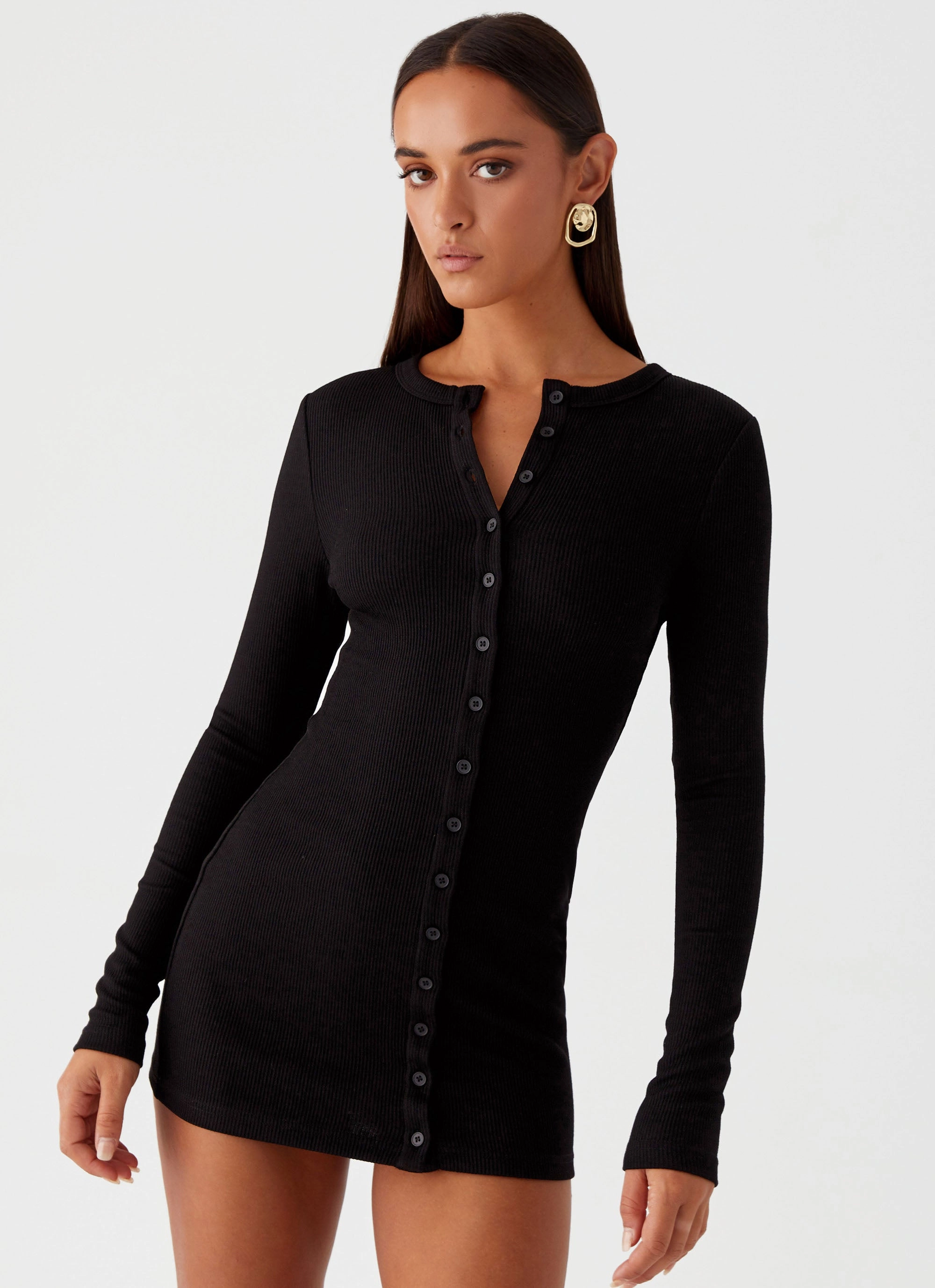 Ailee Long Sleeve Mini Dress - Black Chain-Detail Lounge Ready