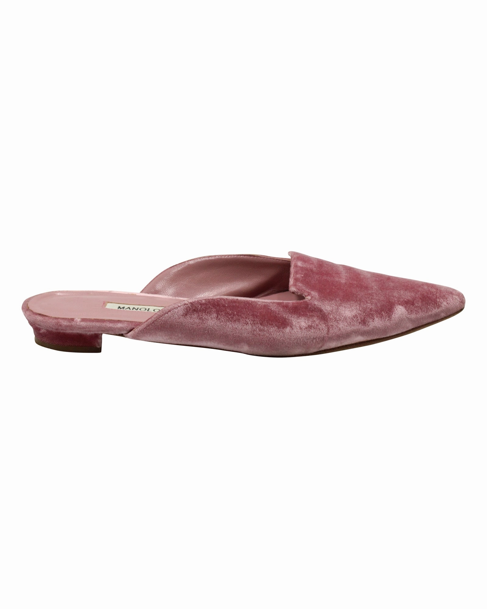 Impact Diffusing Structure Manolo Blahnik Ruby Pointed-Toe Mules in Pink Velvet