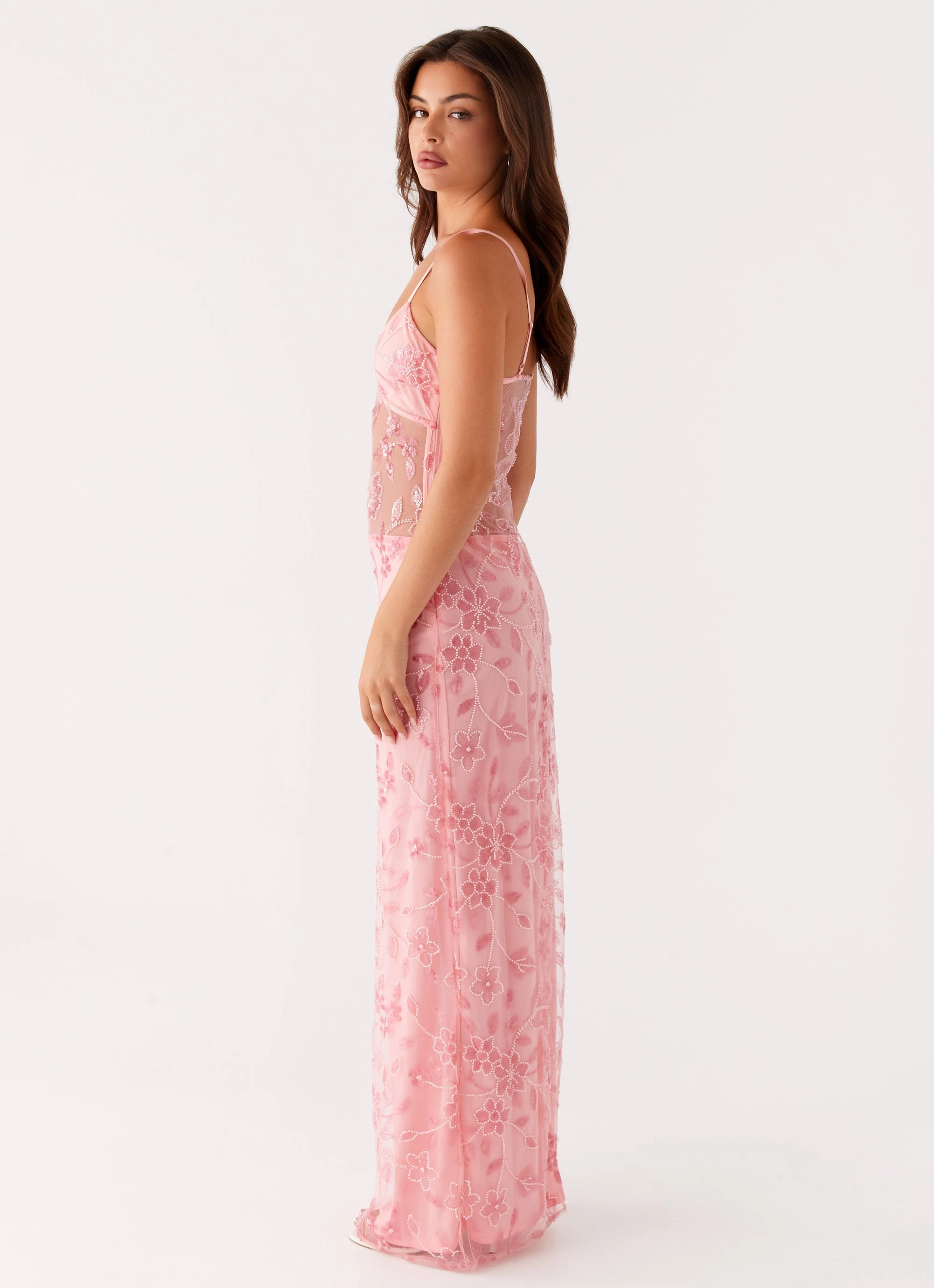 Color-Blocked Compact Fit Akira Beaded Maxi Dress - Pink Orange