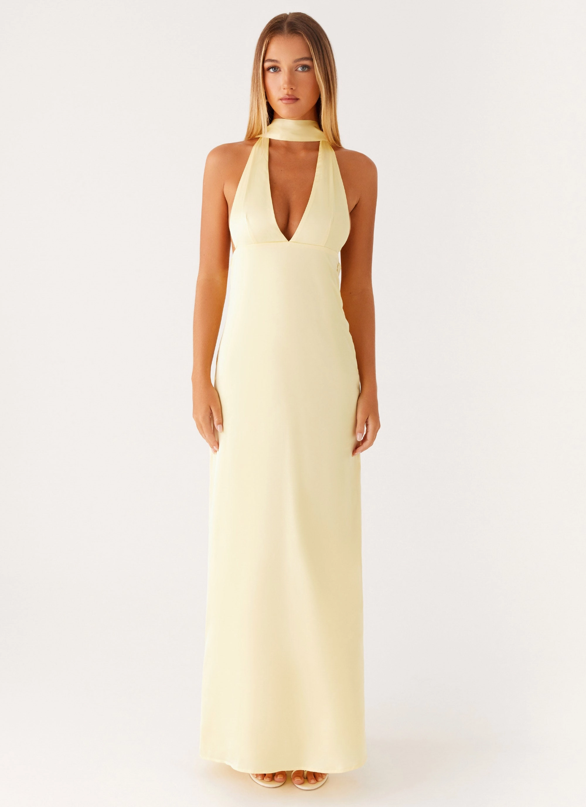Alicia Satin Halter Maxi Dress - Yellow Printed-Fabric Wrap style