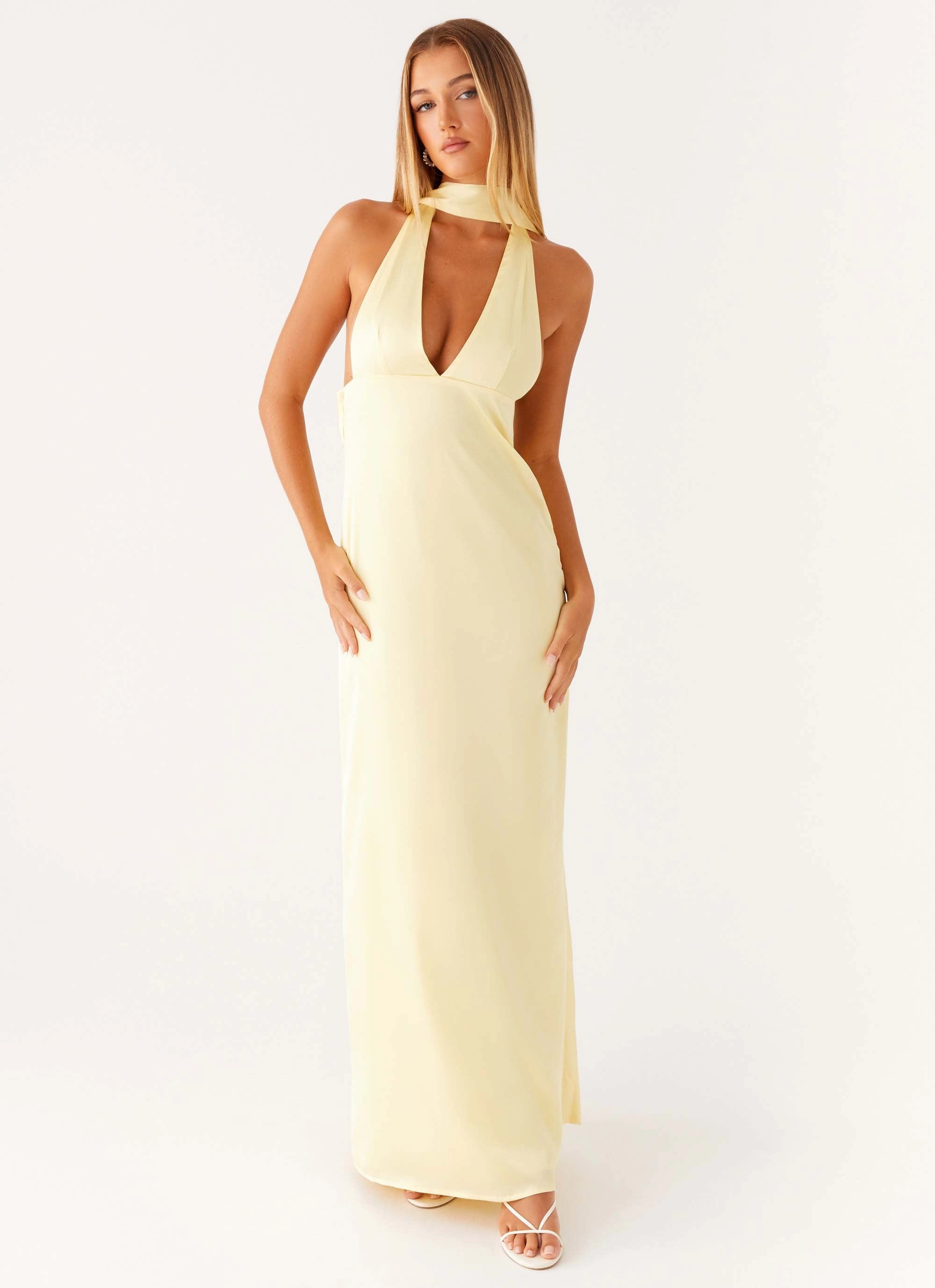 Alicia Satin Halter Maxi Dress - Yellow Balanced Tone