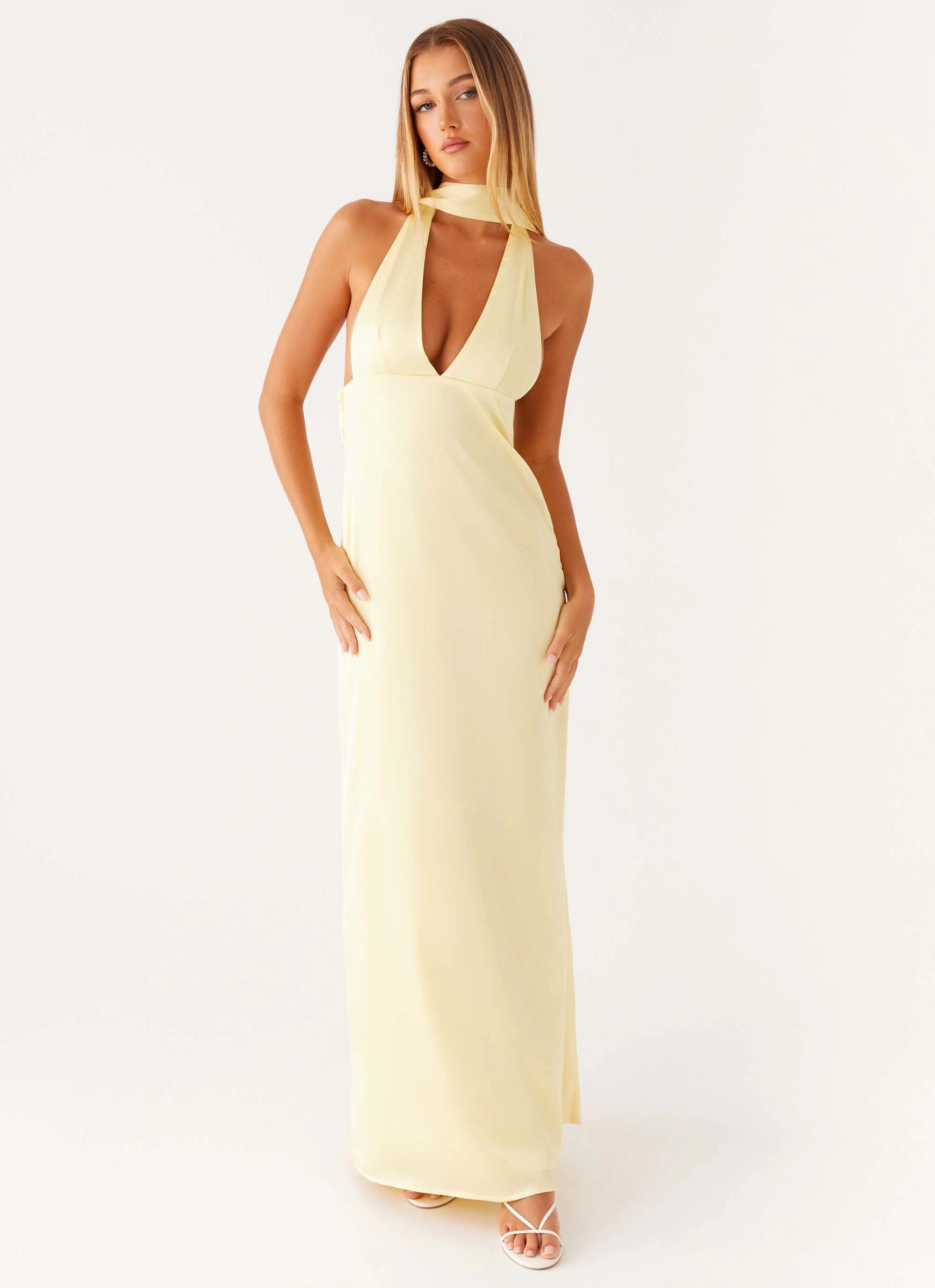 Perfect Cut Alicia Satin Halter Maxi Dress - Yellow