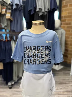Youth Nike Cotton T-Shirt, blue, script Heritage Hall over Chargers Easy Wear Sport Wear
