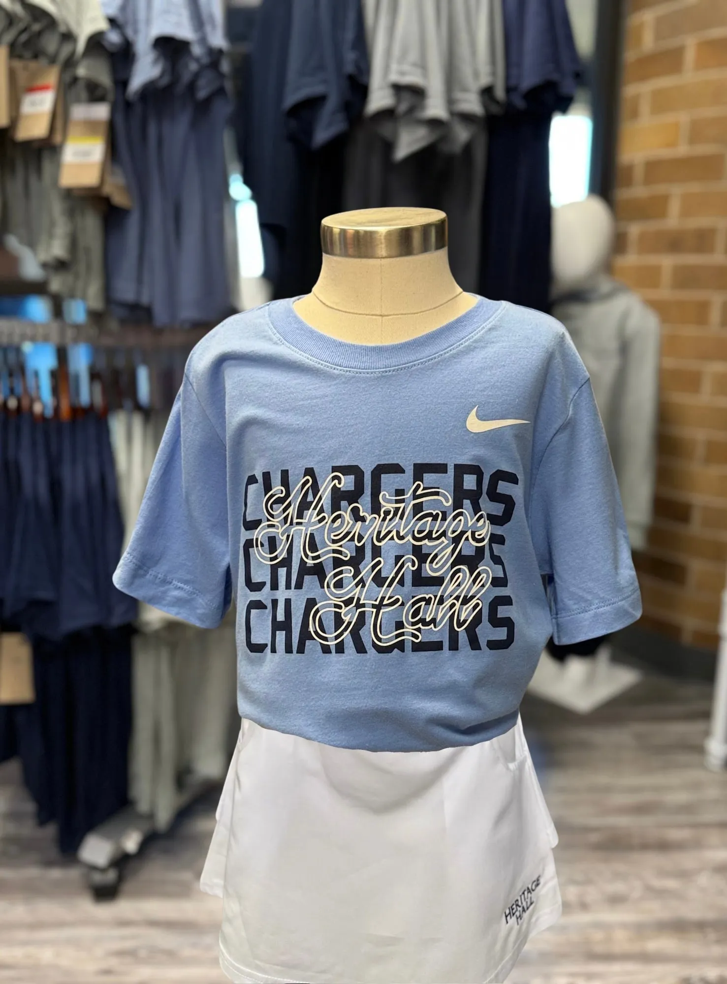 Youth Nike Cotton T-Shirt, blue, script Heritage Hall over Chargers Striped modernity Essential Piece