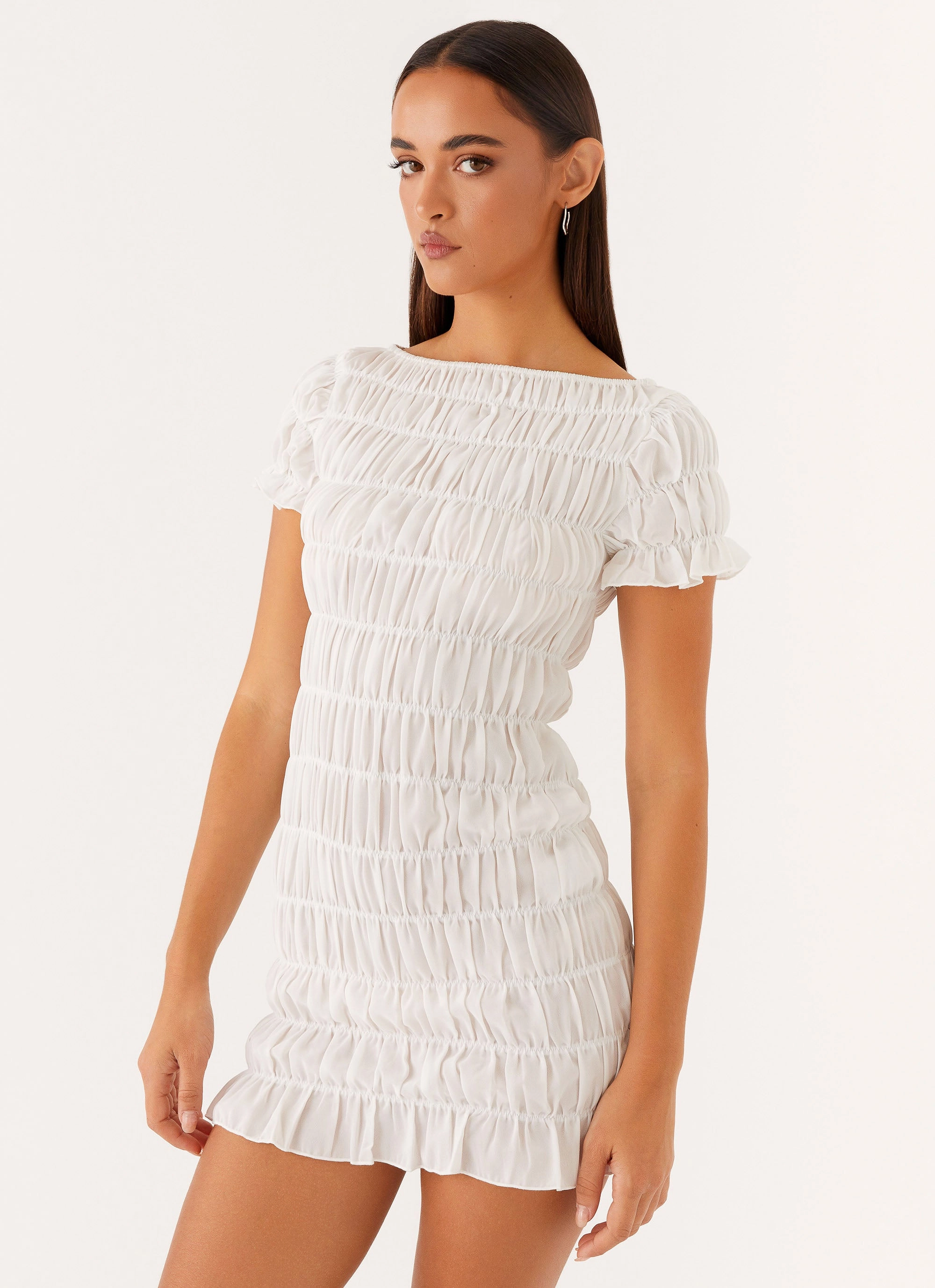 V-Neck Rita Ruched Mini Dress - White
