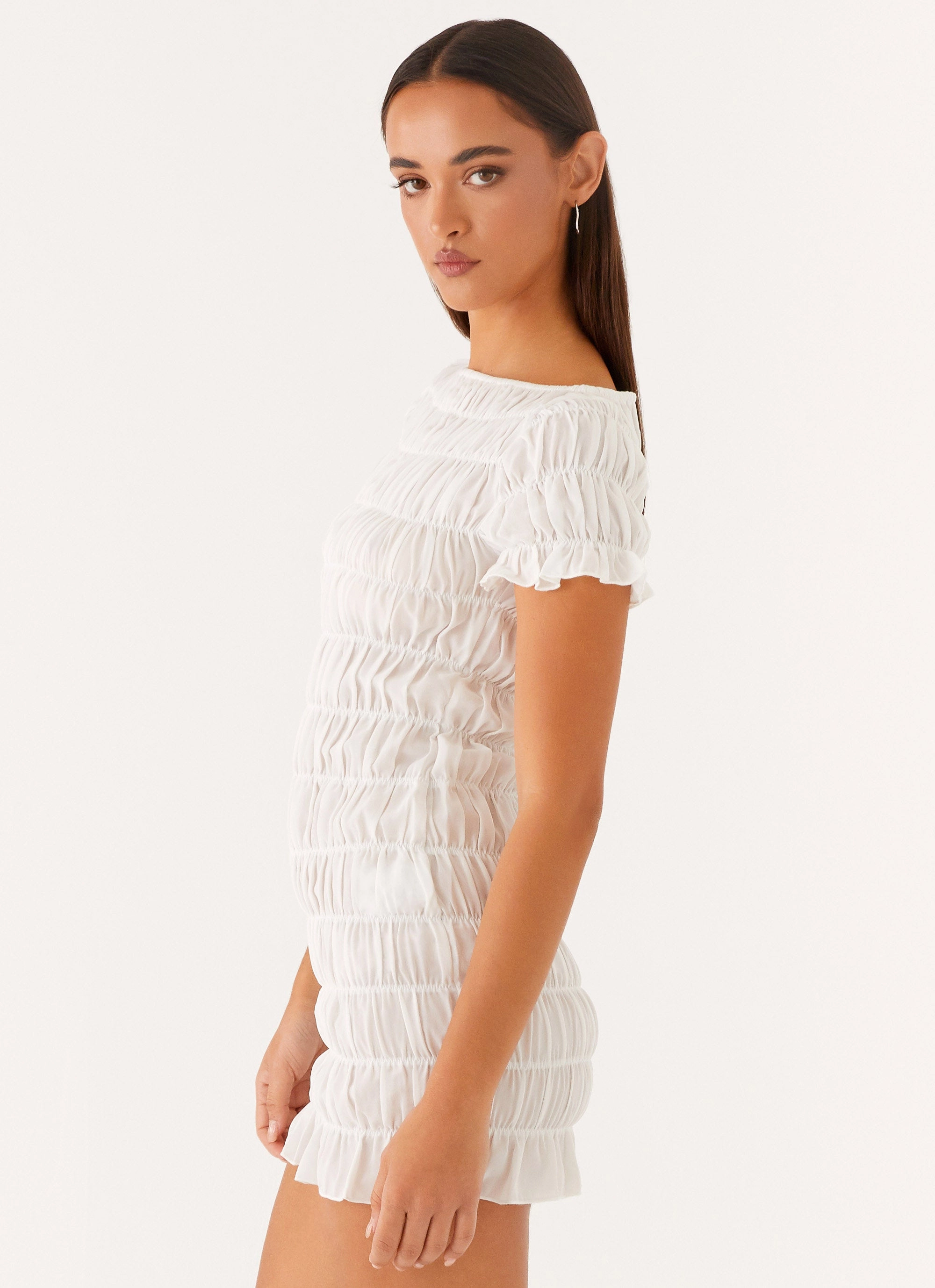 Rita Ruched Mini Dress - White Work Fit Edge Detail