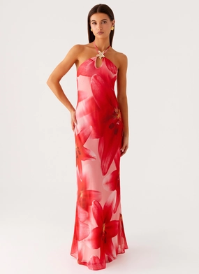 Vatiana Chiffon Maxi Dress - Peach Watermelon Flower Flattering Shape