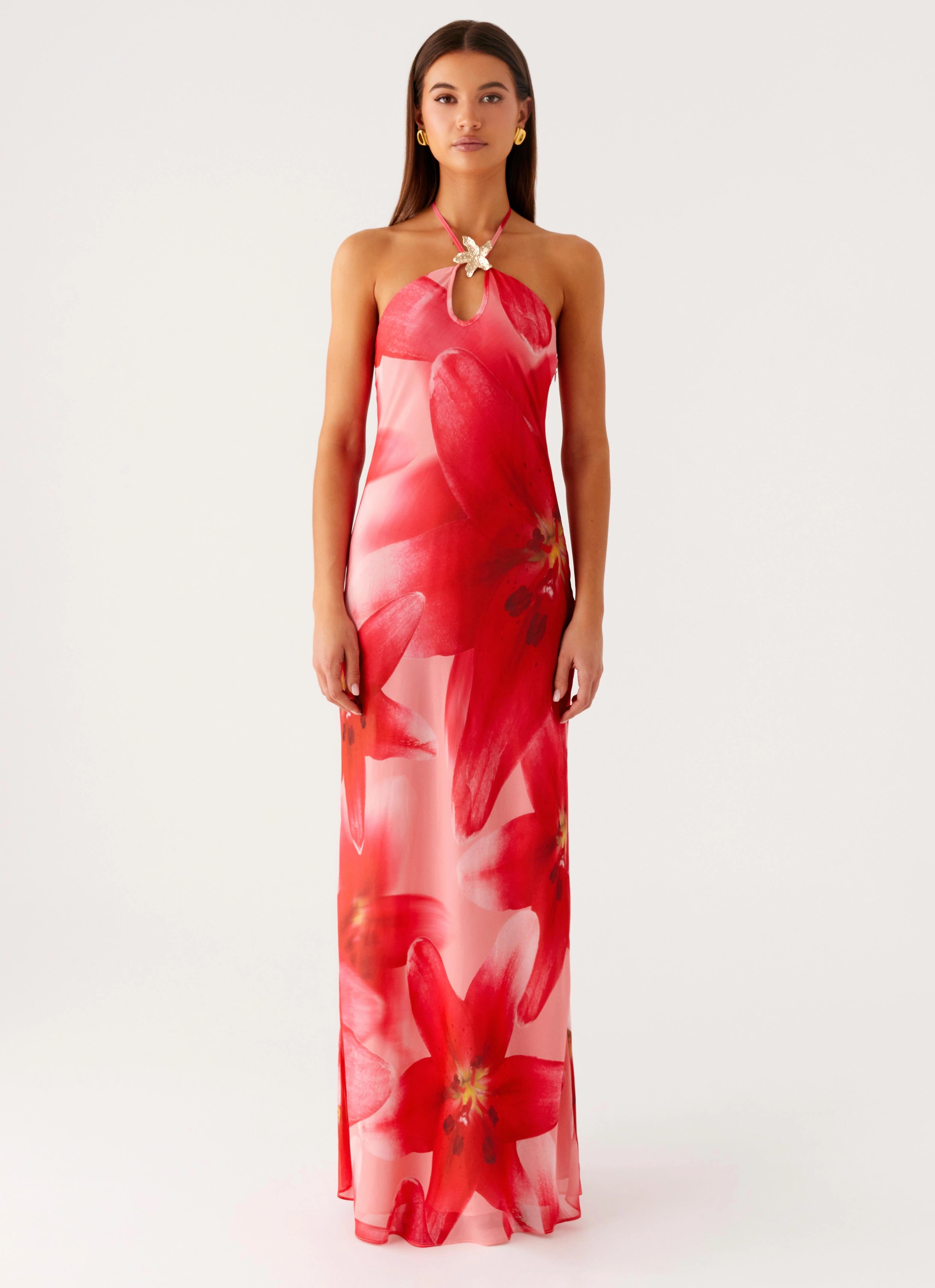 Vatiana Chiffon Maxi Dress - Peach Watermelon Flower Sheer Panel Versatile and Comfortable