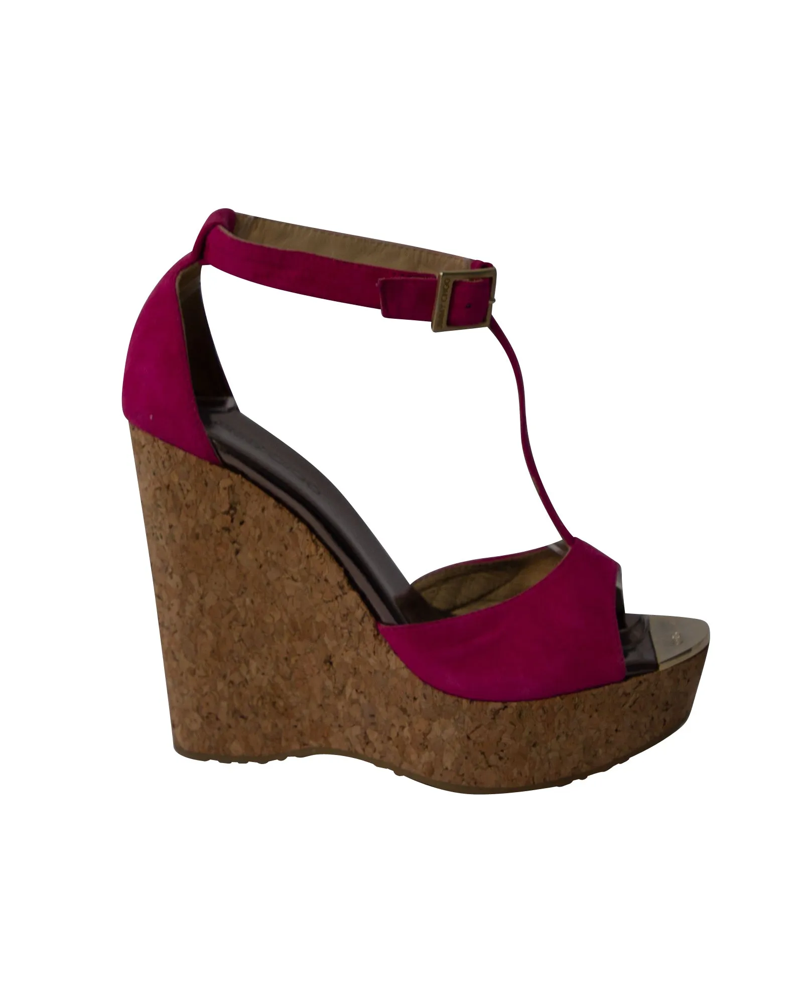 Odor Resistant Material Textured Footbed Jimmy Choo T-Bar Peep Toe Wedge in Pink Suede