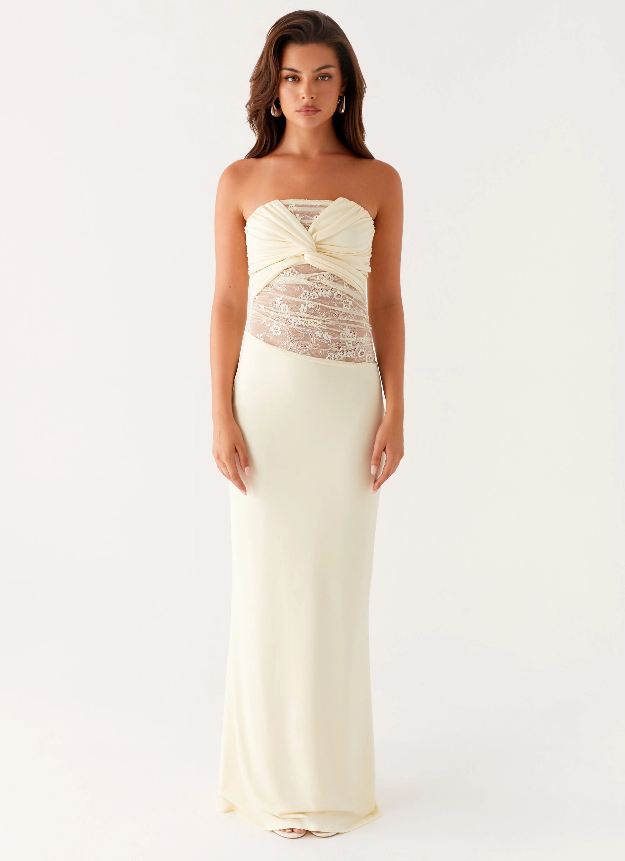 Sustainable-Lining Flowing Design Sweet Energy Strapless Maxi Dress - Yellow