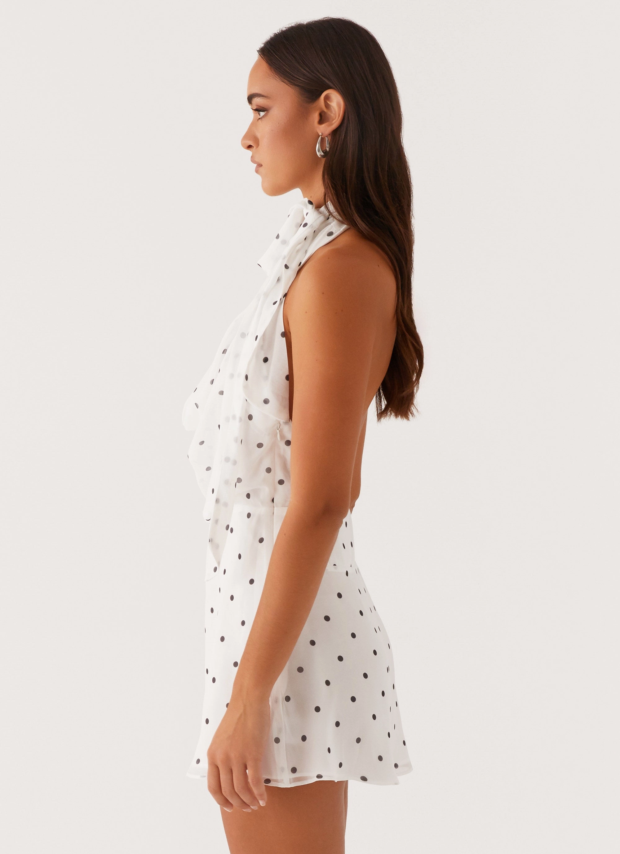 Fashion Option Avalia Backless Scarf Mini Dress - White Polka Dot