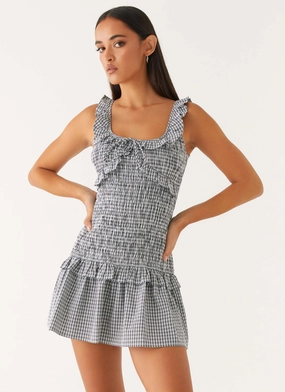 Mali Shirred Mini Dress - Checker Vintage feel