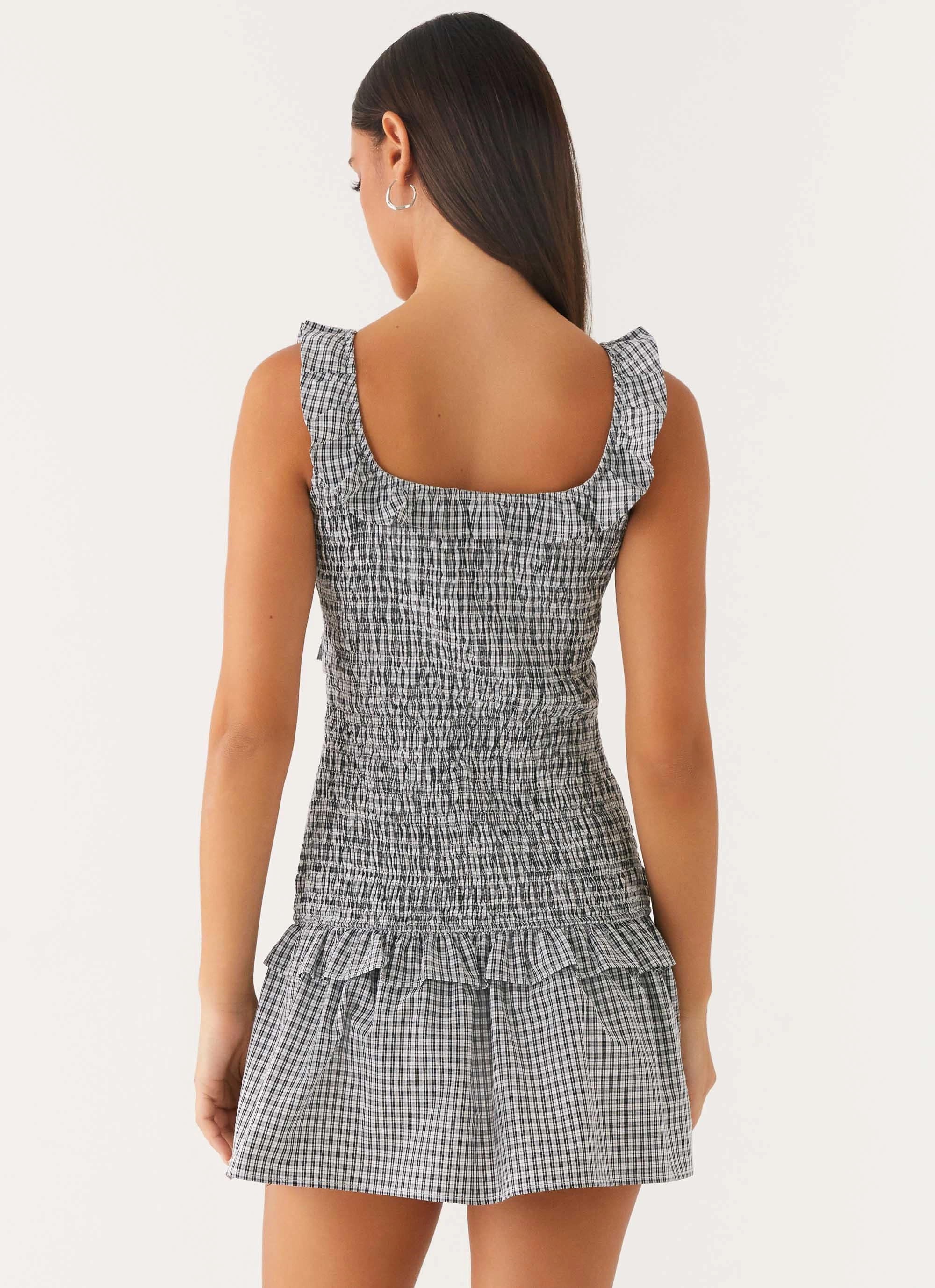 Mali Shirred Mini Dress - Checker Dark Tones