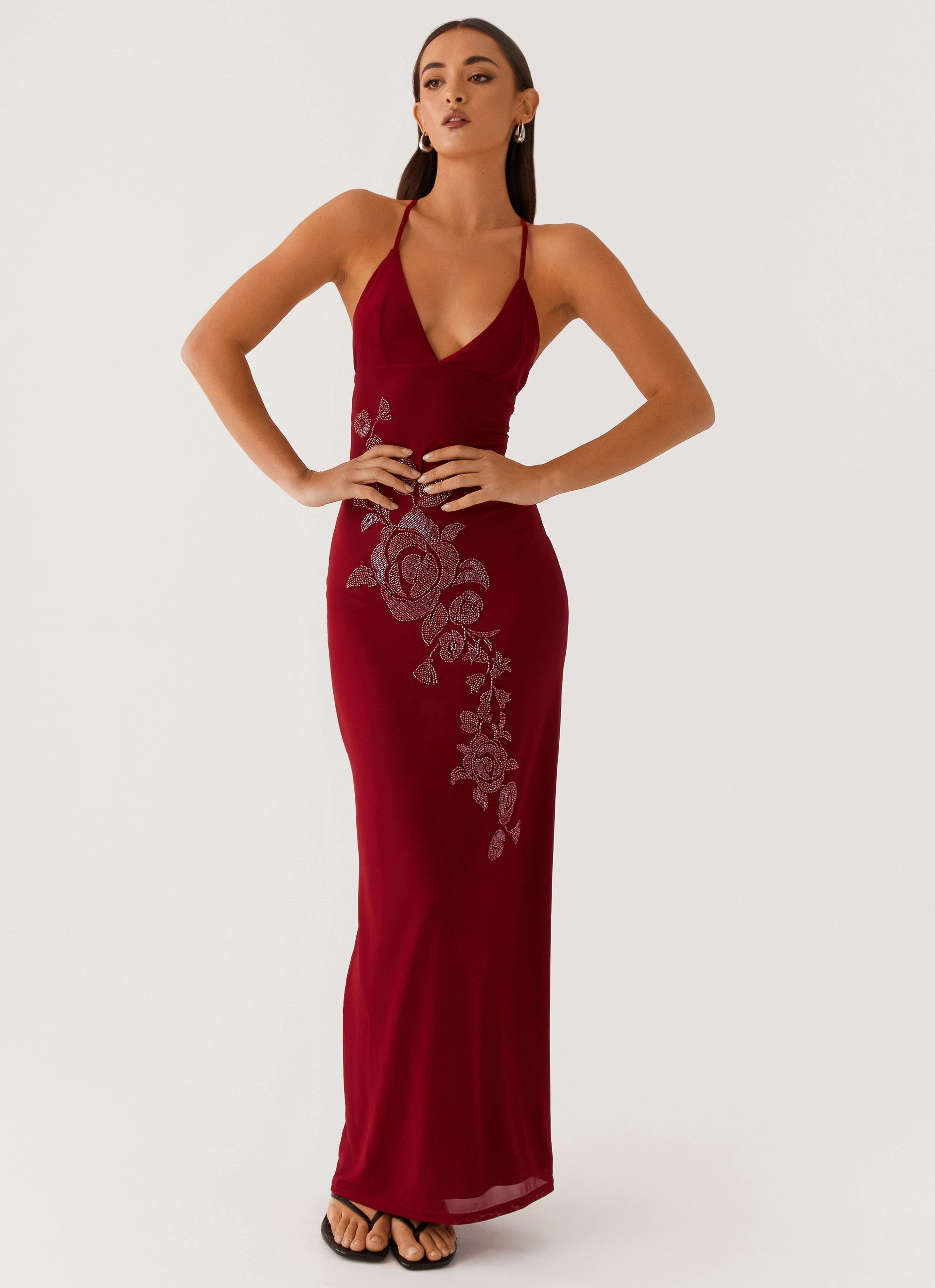 Formal Style Beki Beaded Mesh Maxi Dress - Deep Red