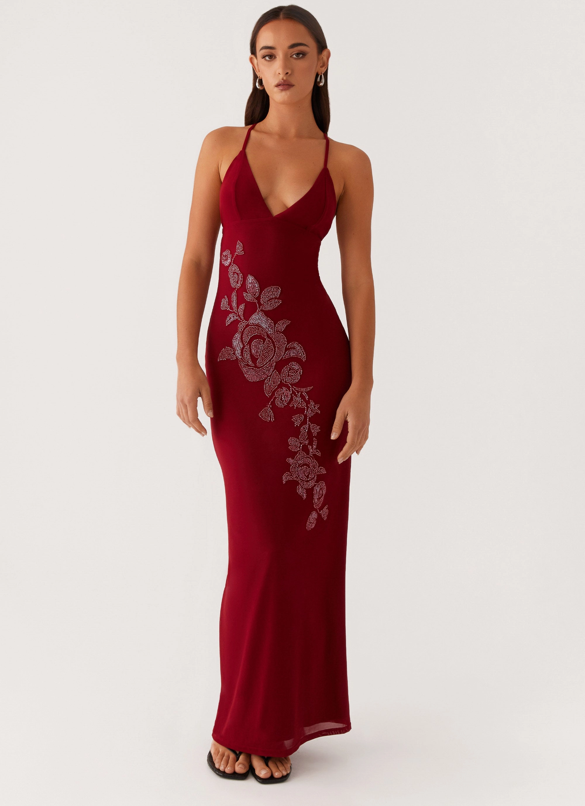 Luxe style Easy Pairing Beki Beaded Mesh Maxi Dress - Deep Red