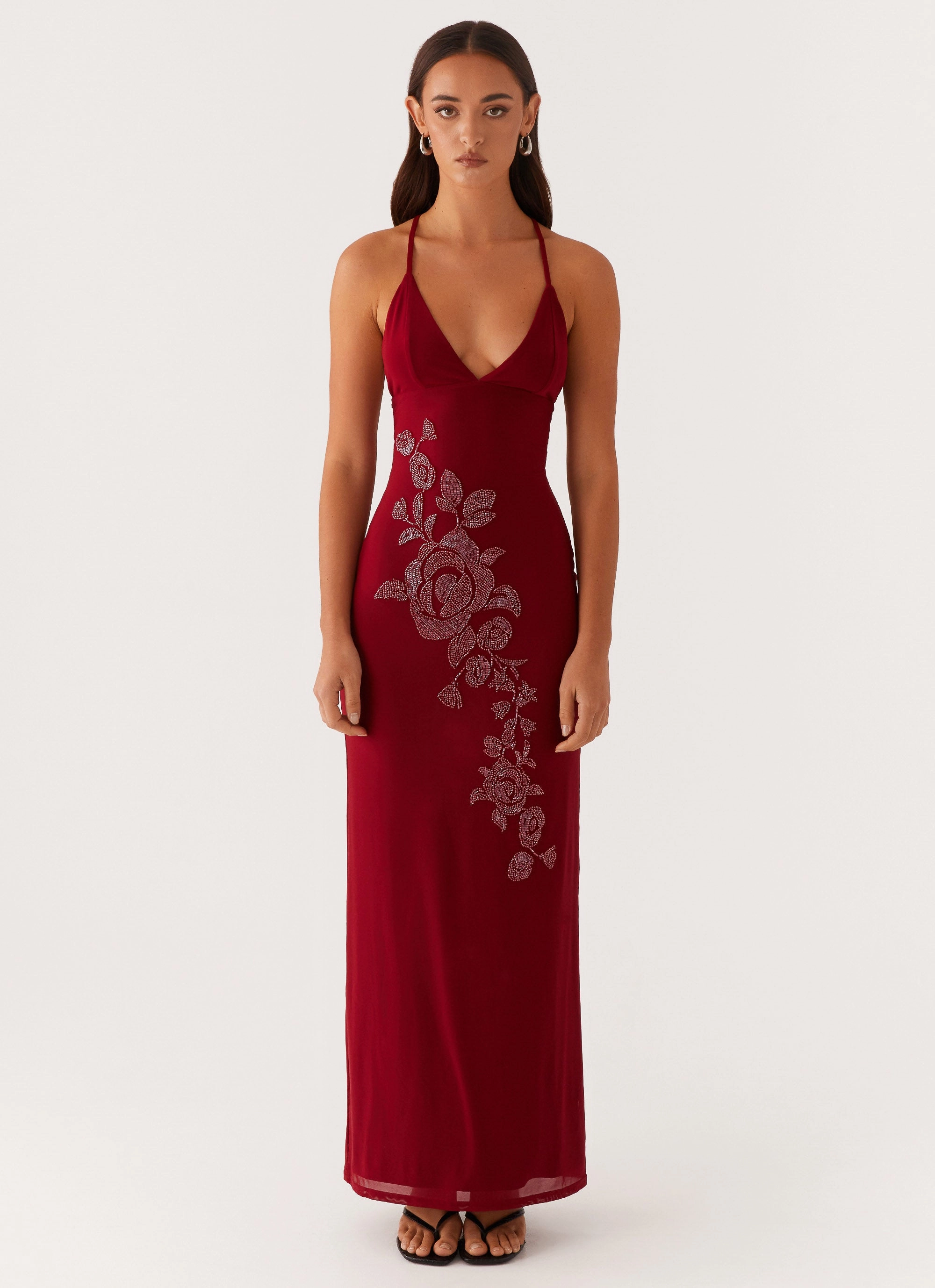 Beki Beaded Mesh Maxi Dress - Deep Red Zip-Closure