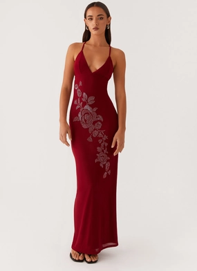 Luxe style Easy Pairing Beki Beaded Mesh Maxi Dress - Deep Red