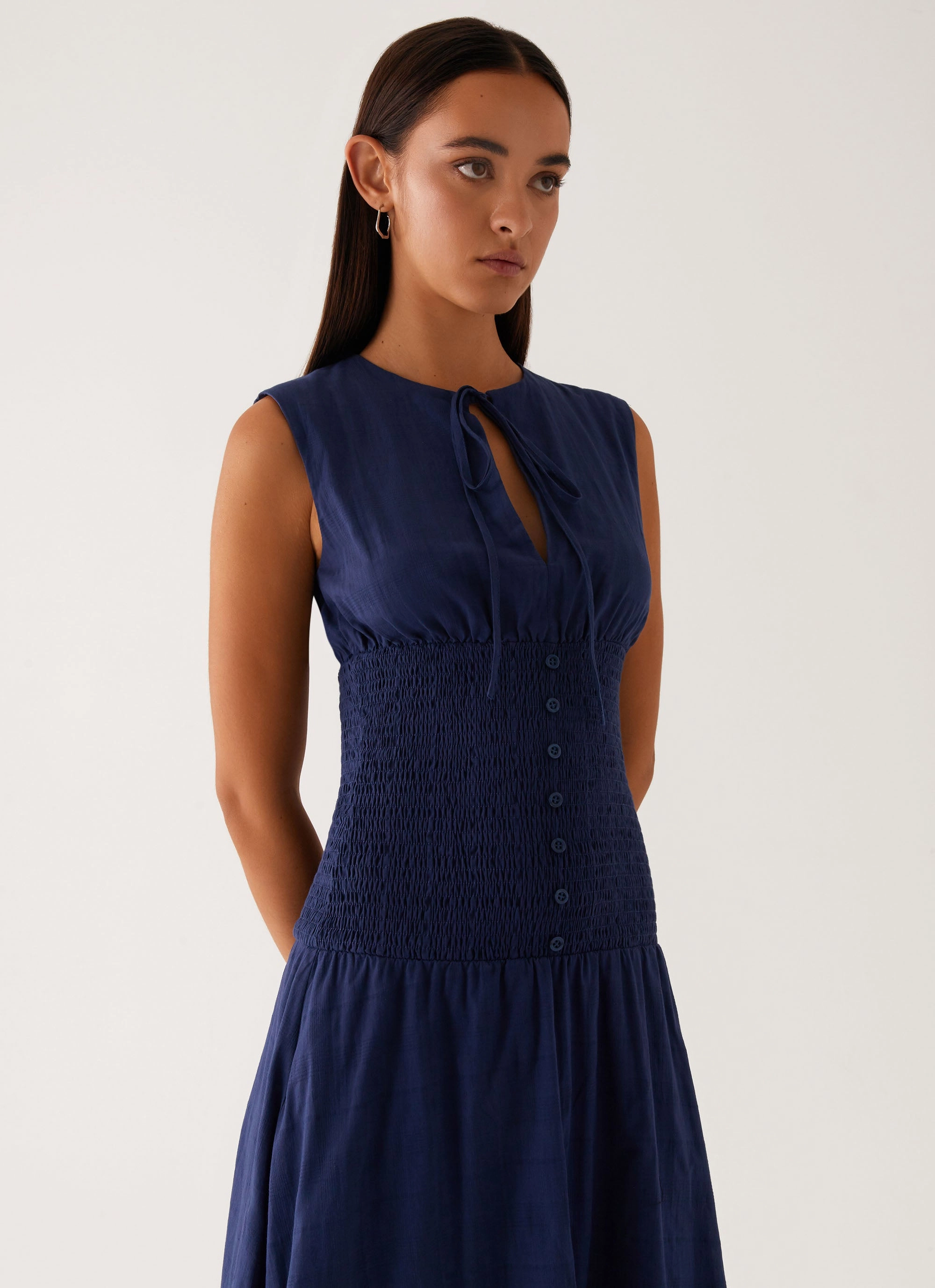 Belle Shirred Waist Midi Dress - Navy Relax Feel