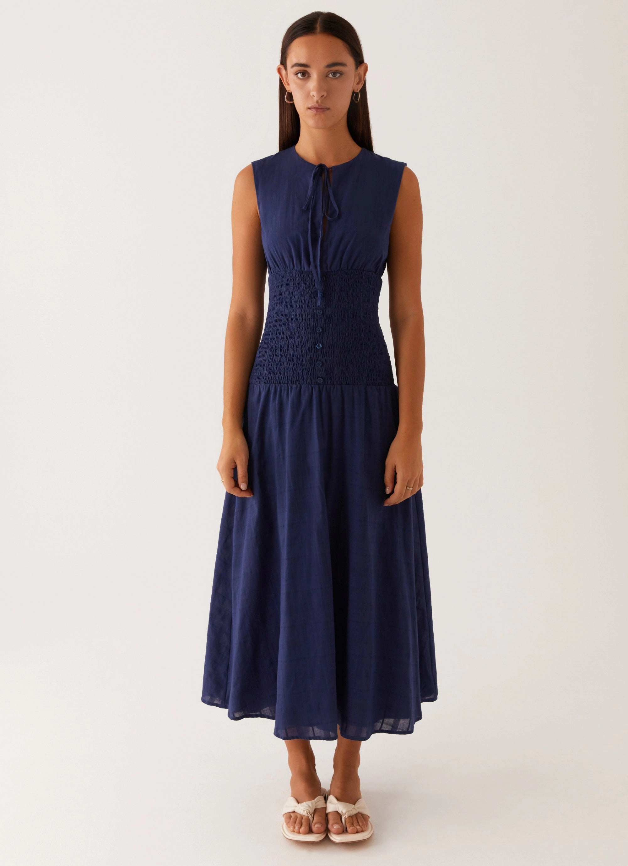 V-Neck Practical-Style Belle Shirred Waist Midi Dress - Navy
