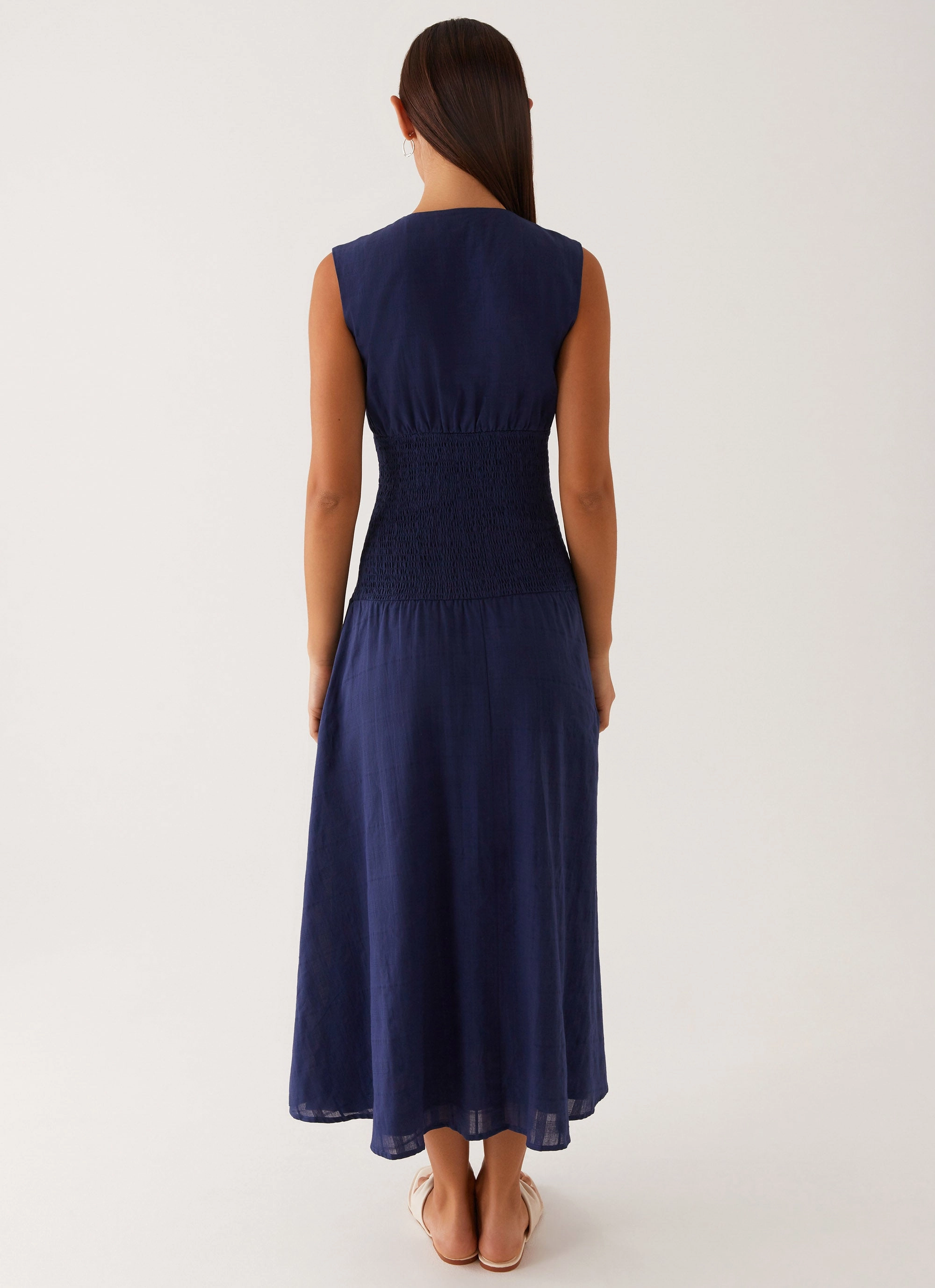 Belle Shirred Waist Midi Dress - Navy Casual and Stylish