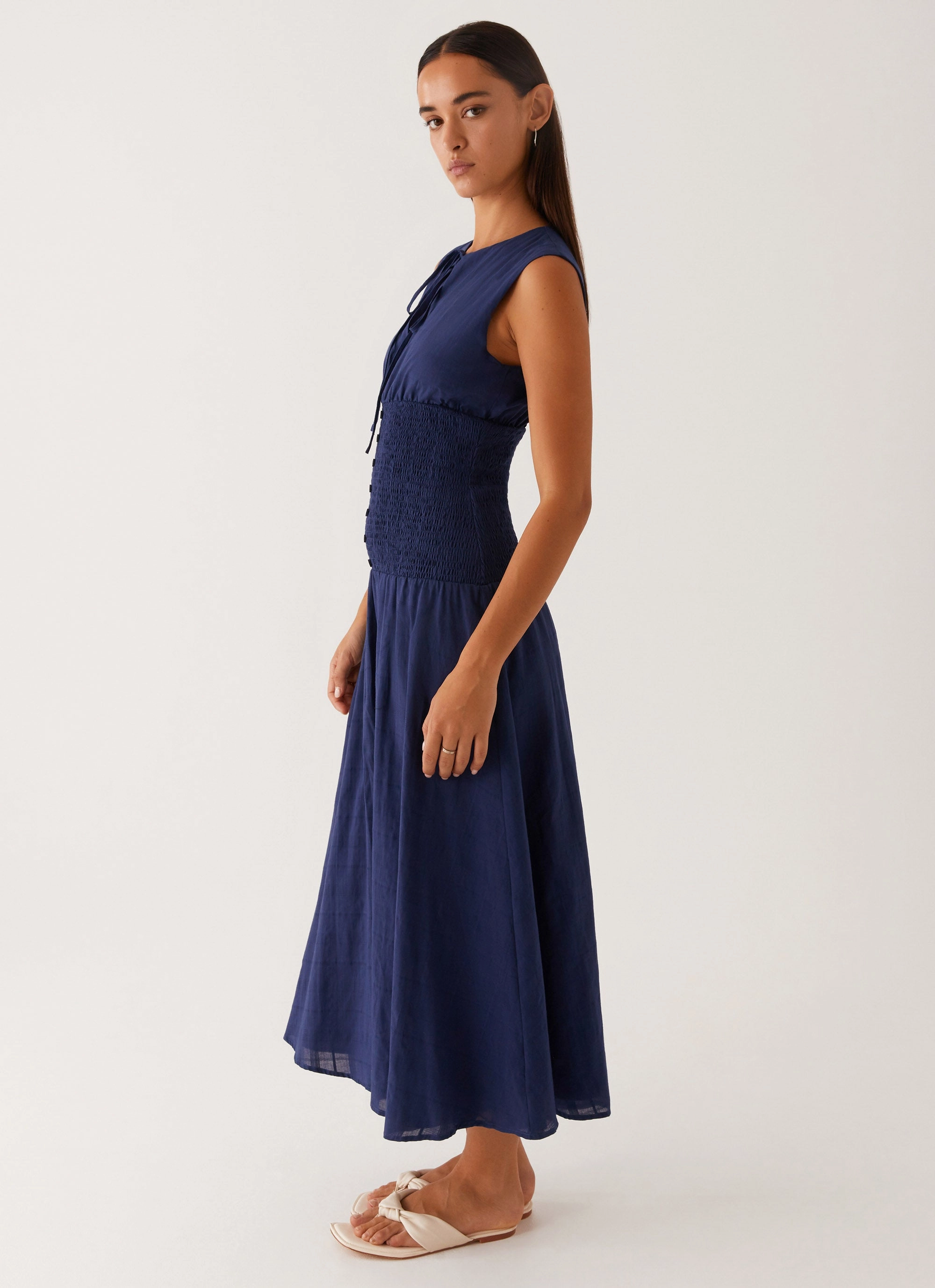 Belle Shirred Waist Midi Dress - Navy Love Soft