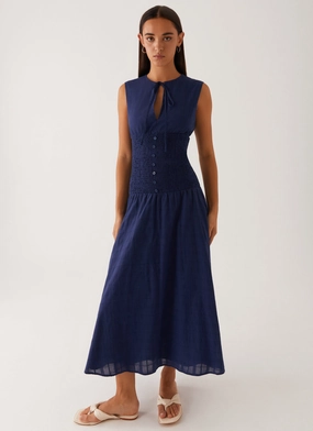 Belle Shirred Waist Midi Dress - Navy Natural Fit