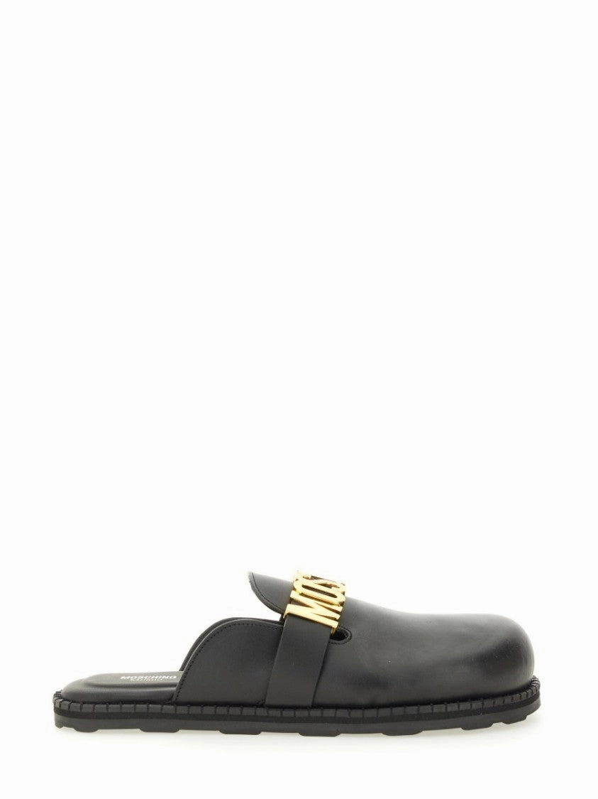 Black Leather Sabot Flats Closed Toe