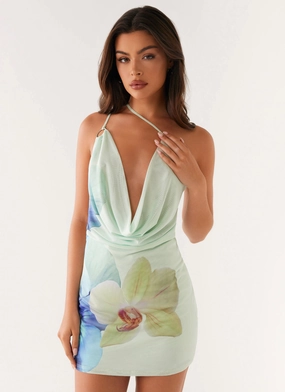 Bohemian Bliss Mesh Mini Dress - Green Floral Structured Fit