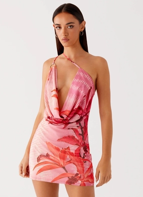 Bohemian Bliss Mesh Mini Dress - Tropical Pink Print Comfy Yet Stylish Bold Cut