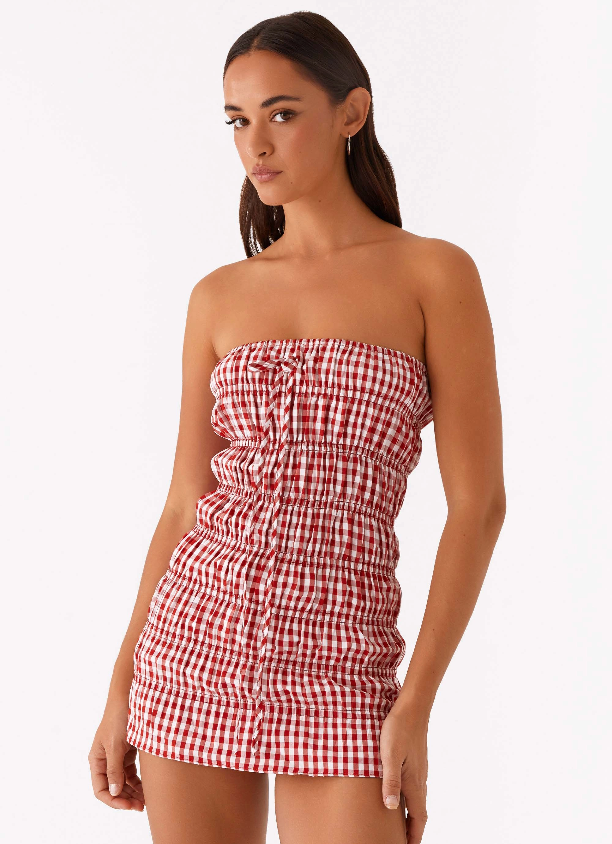 Adele Mini Dress - Red Gingham Shiny-Lining