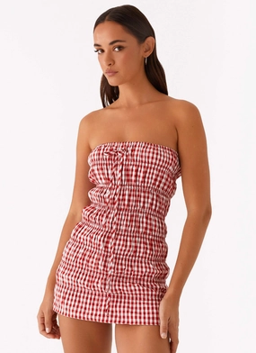 Adele Mini Dress - Red Gingham Shiny-Lining