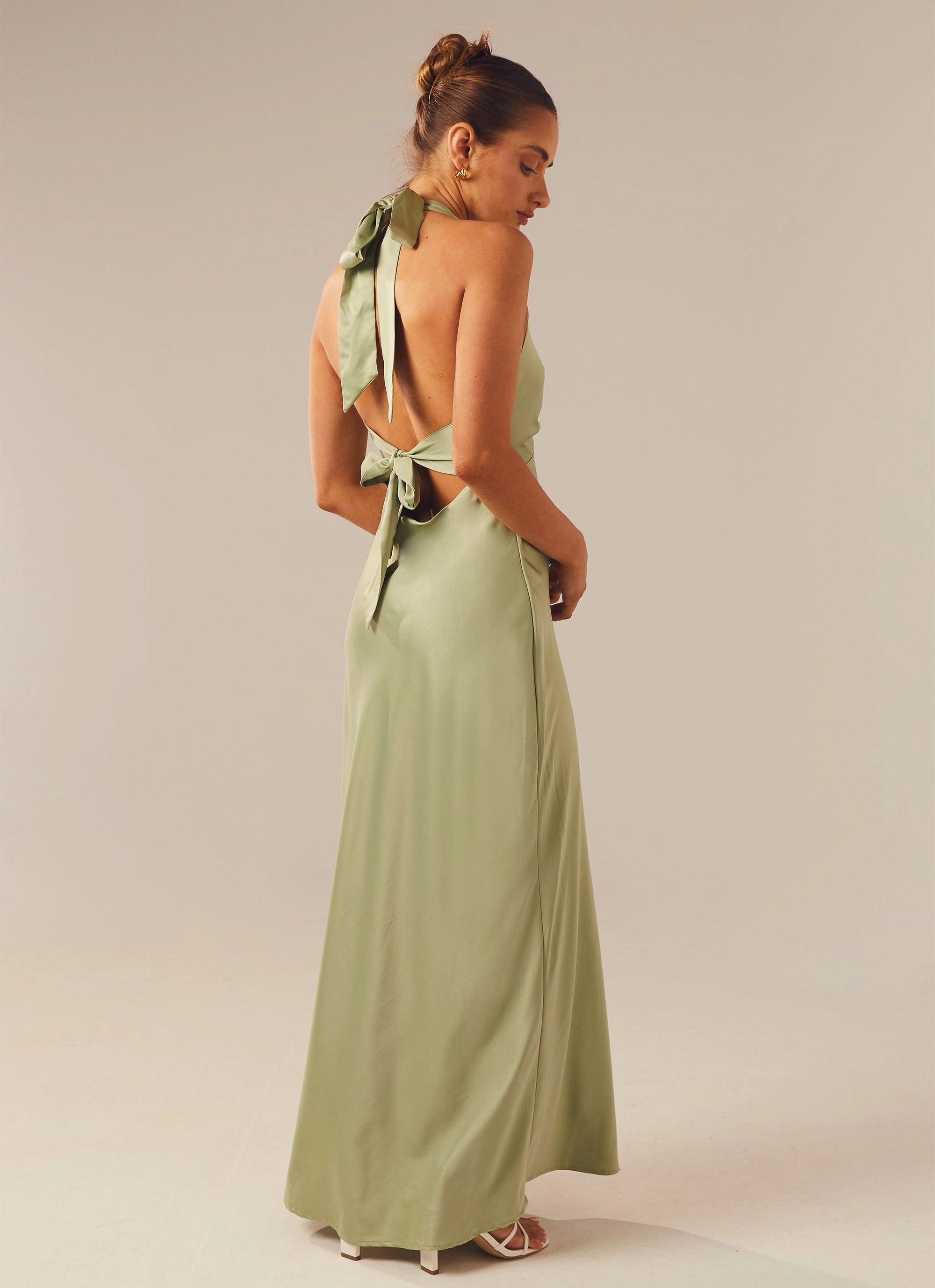 Vibrant patterned dress Heavy Hearted Satin Maxi Dress - Sage
