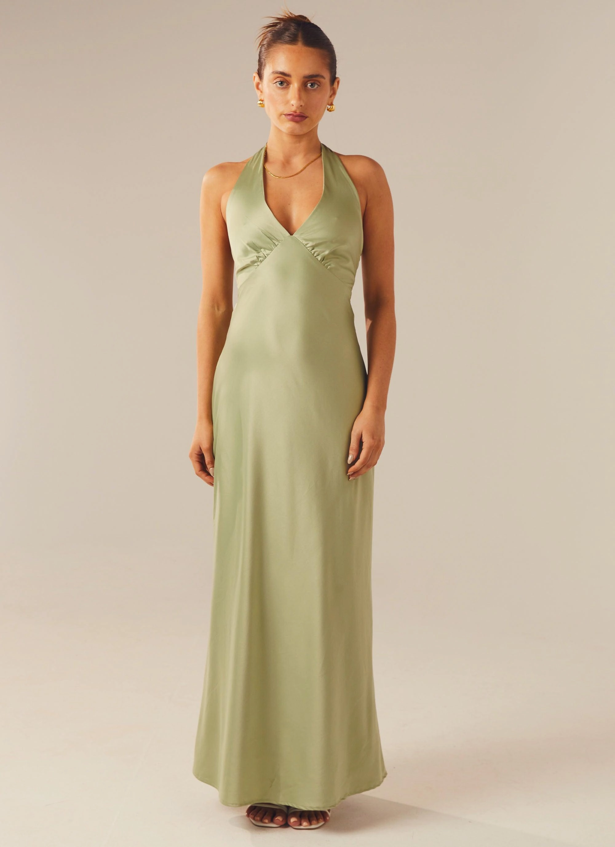 Drape Wave Heavy Hearted Satin Maxi Dress - Sage
