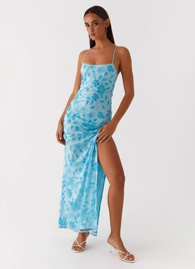 Lace Accent Sharp Design Bright Lights Beaded Maxi Dress - Blue