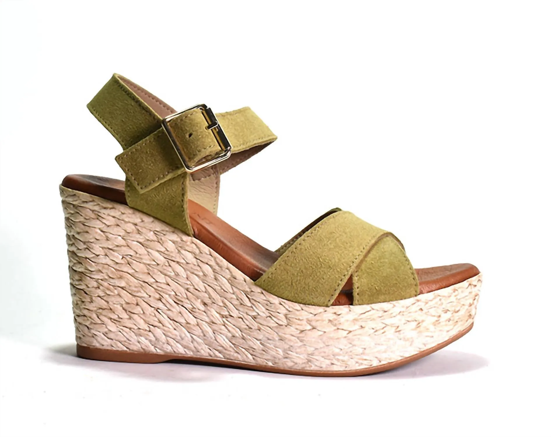 Brittany Wedge Sandal In Khaki Suede Relaxed Style Open Frame