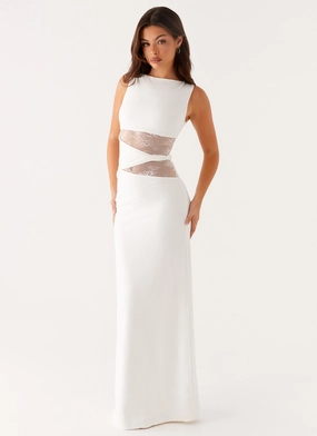 Silky Surface Fitted Shape Karma Maxi Dress - White