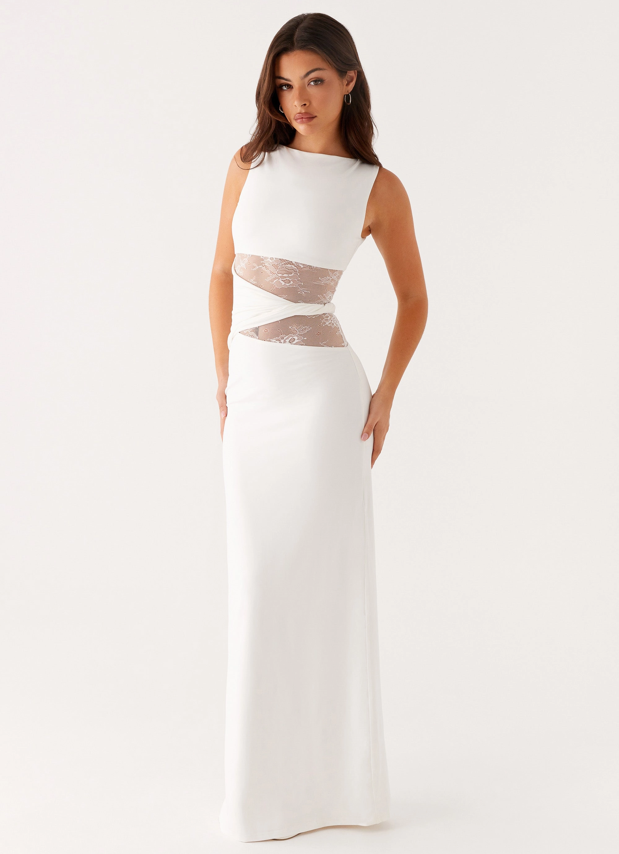 Silky Surface Fitted Shape Karma Maxi Dress - White