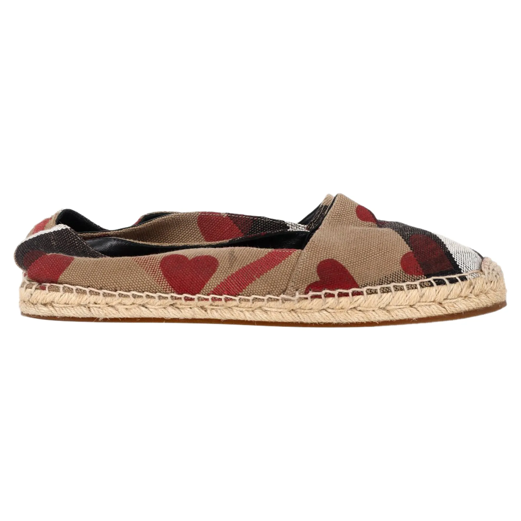 Chic Comfortable Toe Post Burberry Heart and Check Print Espadrille Flats in Brown Canvas