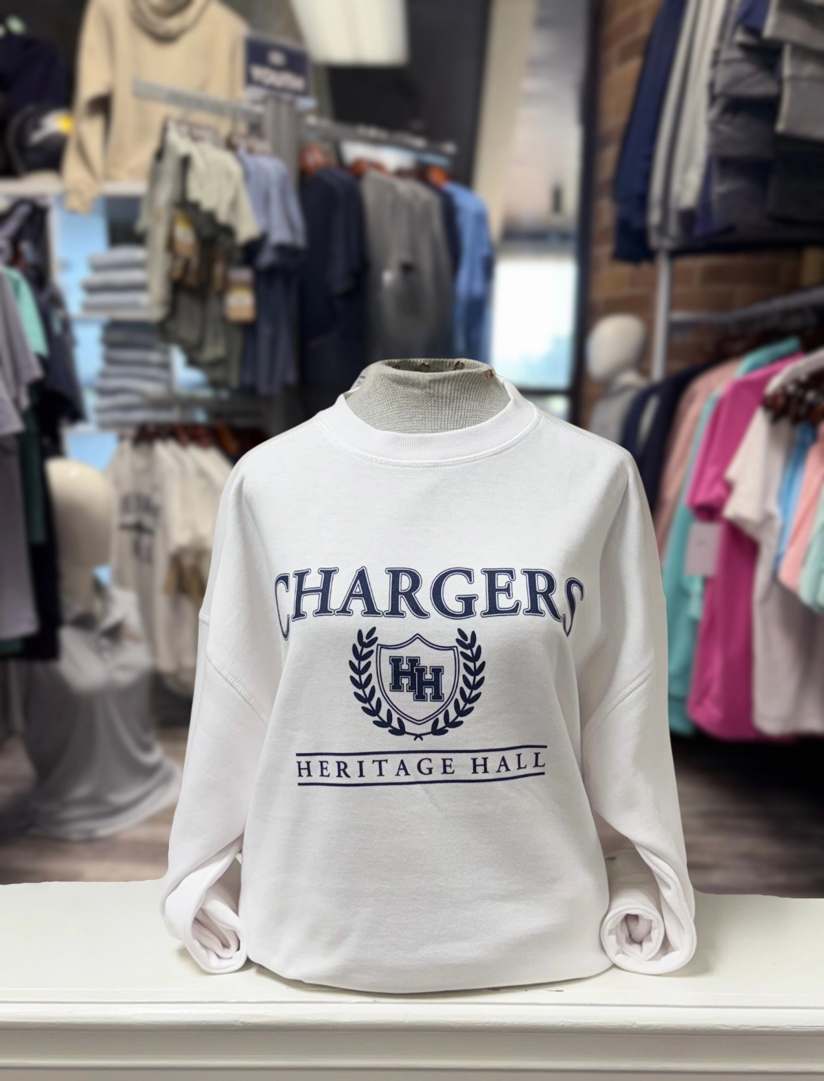 product tag identification Campus Crew Sweatshirt, white, Chargers with Crest