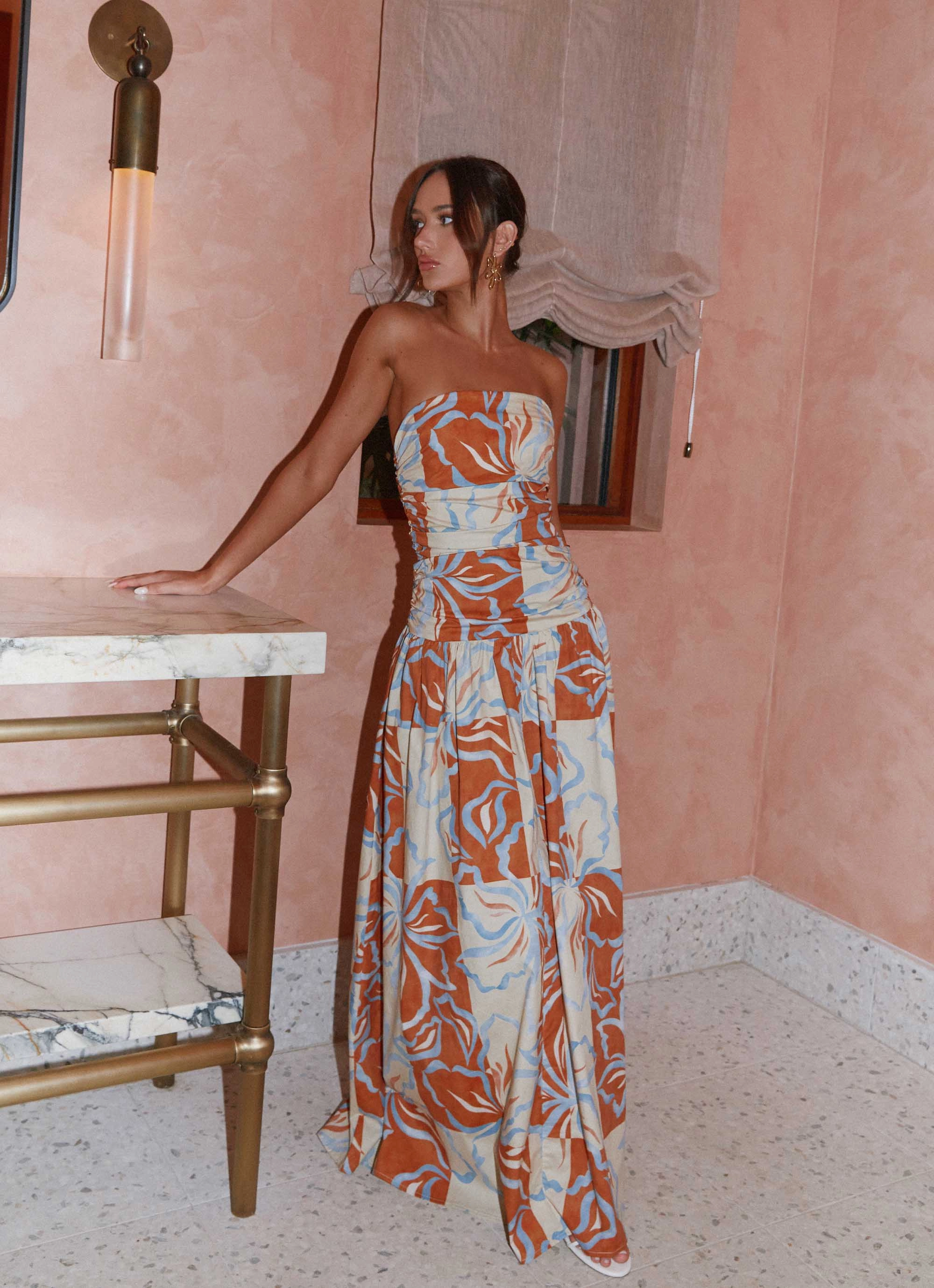 Travel-friendly Neutral Flow Carmel Maxi Dress - Orange Blue Floral