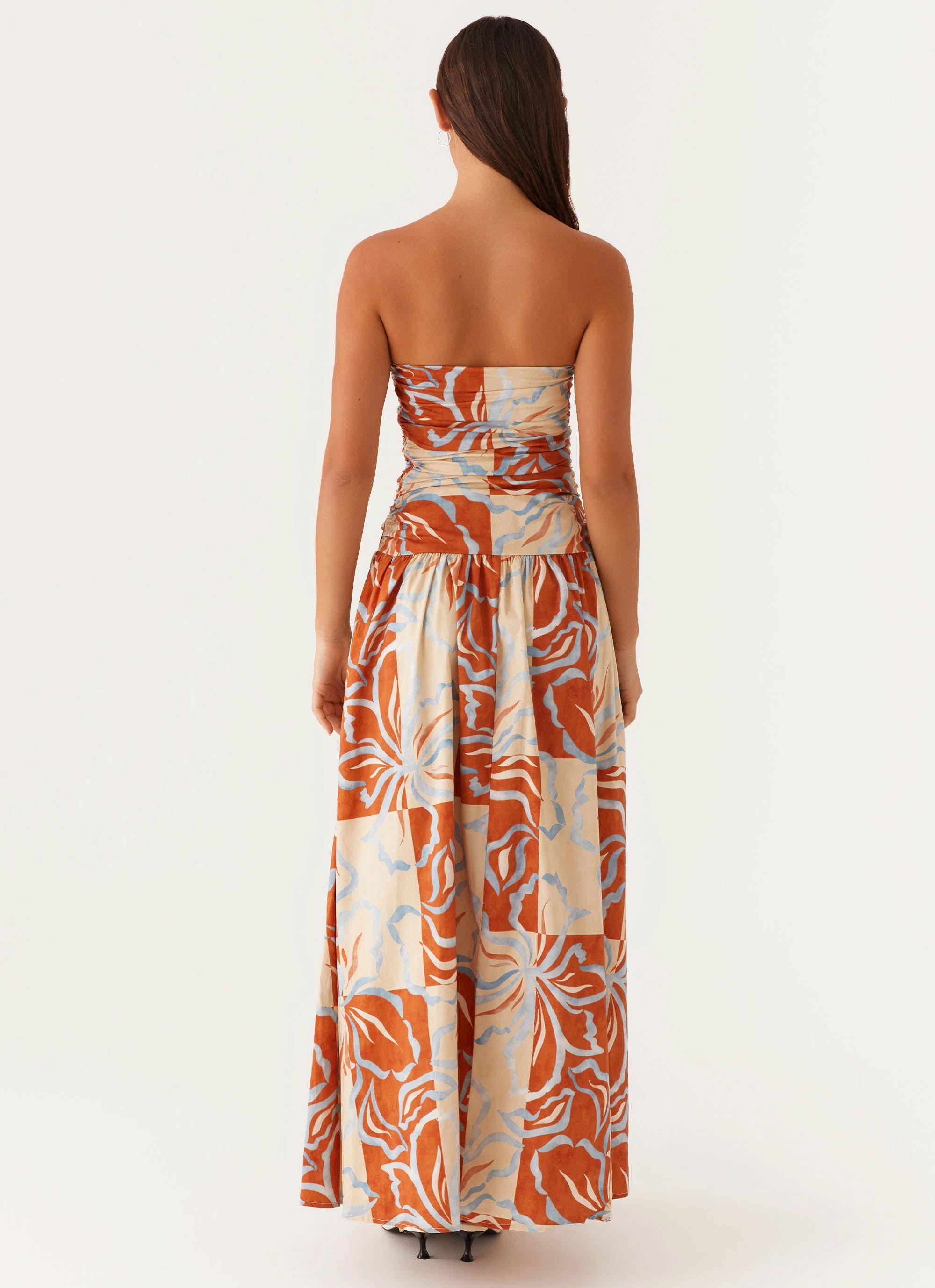 Carmel Maxi Dress - Orange Blue Floral Fitted Mood Balanced Texture